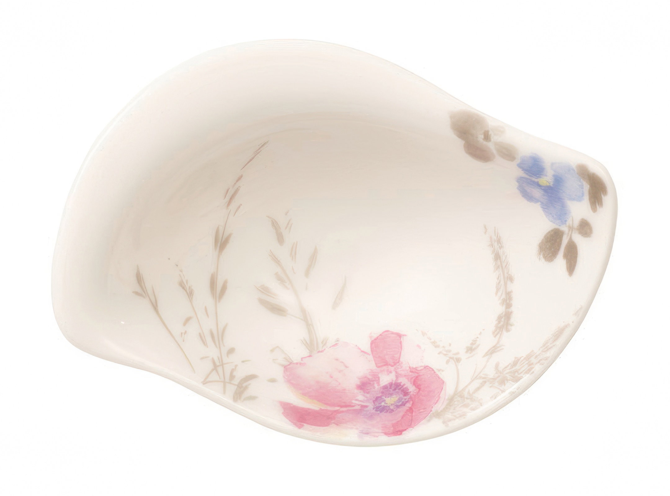 Schale aus Porzellan mit geschwungener Form und floralem Muster in Rosa und Blau auf hellem Hintergrund.