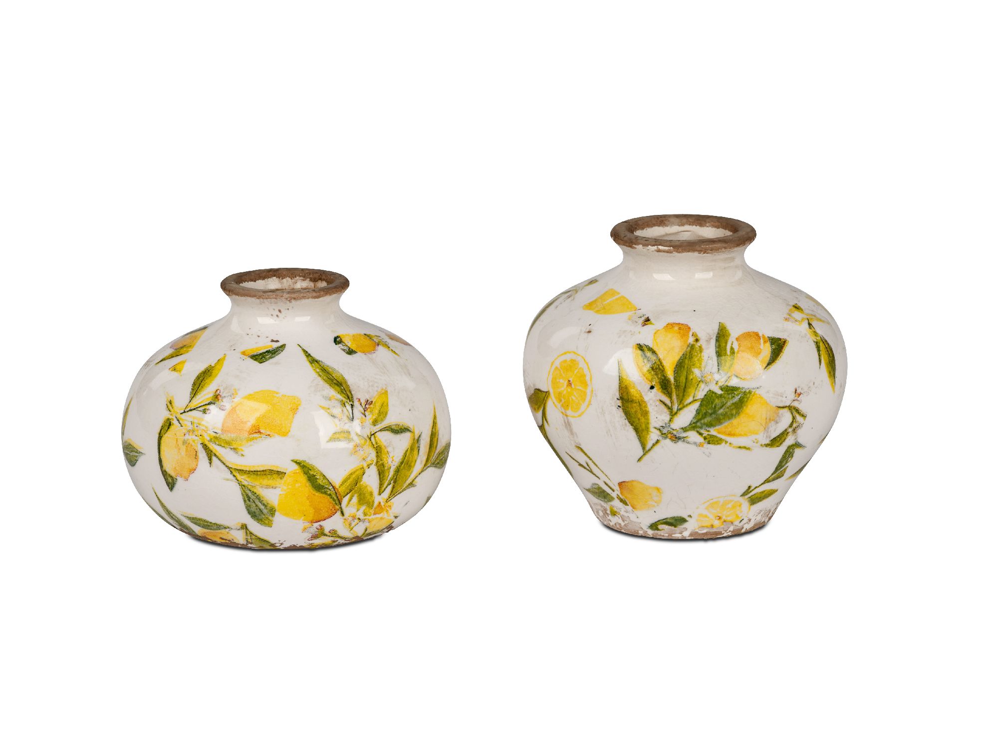 2er Set Dekovasen VINTAGE LEMON Zitronen 10 + 13cm weiß gelb antik von FORMANO