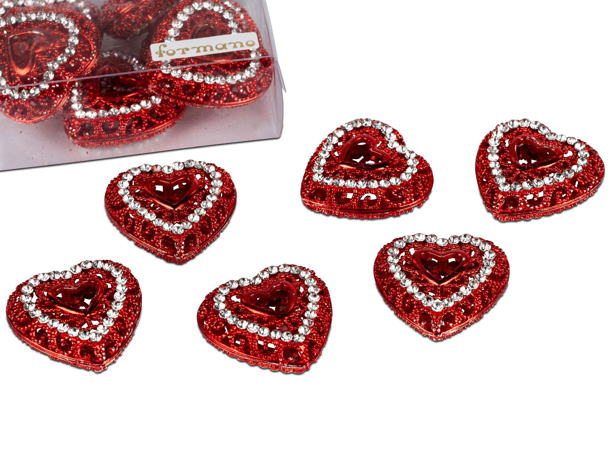 Sechs rote Herzdekorationen mit Glitzersteinen, teilweise in einer transparenten Box.