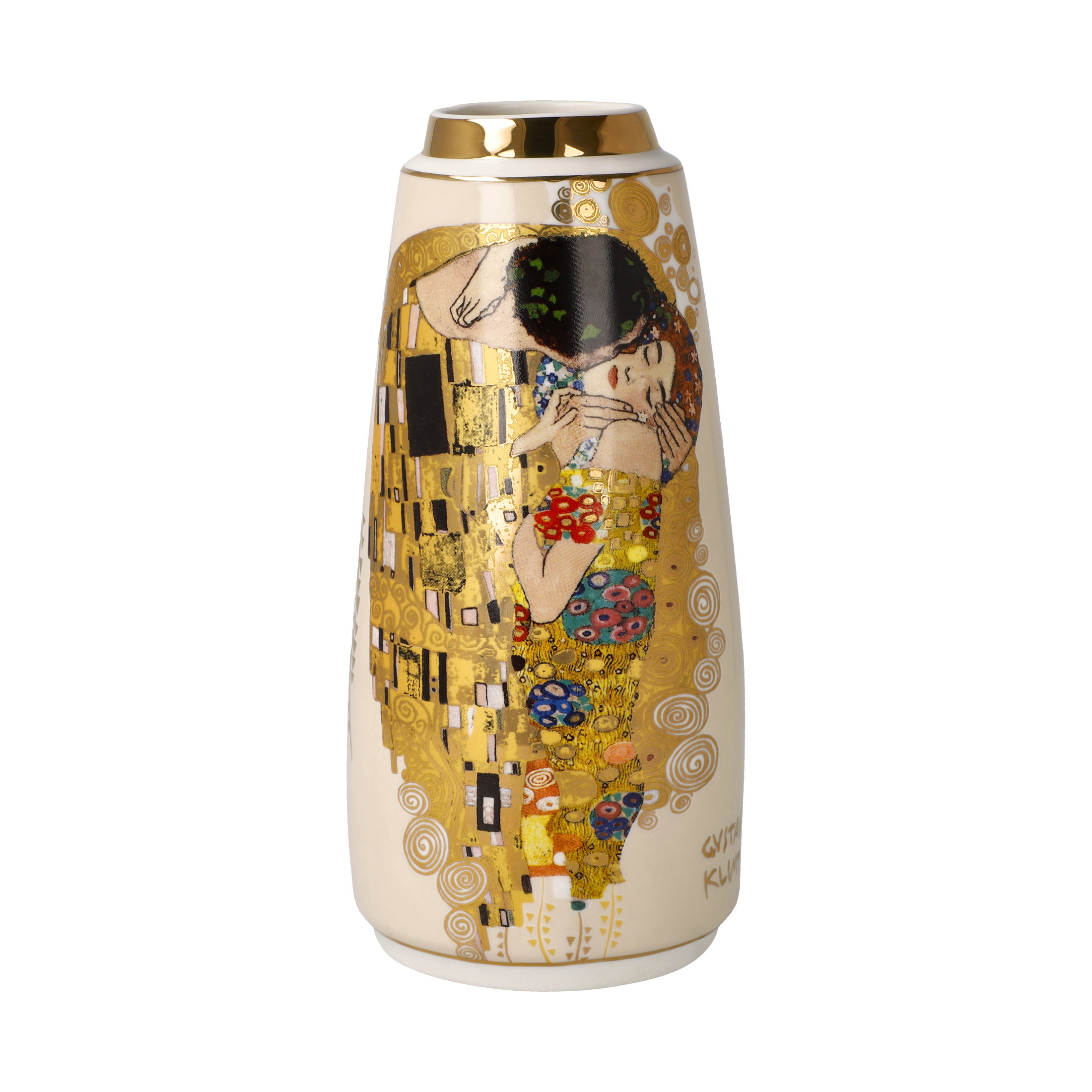 Vase mit goldenen und bunten Mustern, zeigt ein Paar in inniger Umarmung, inspiriert von einem berühmten Kunstwerk.