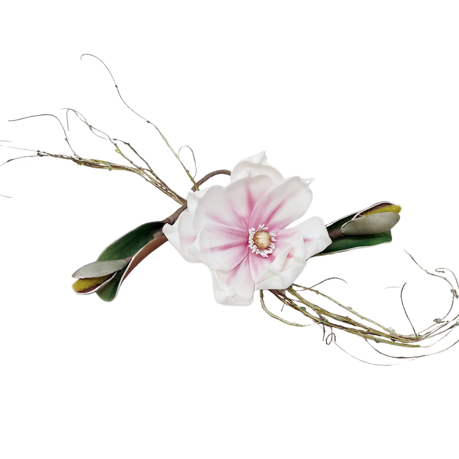 Zarter rosa-weißer Blütenzweig mit großer Blüte, Knospen und feinen Zweigen auf Weiß