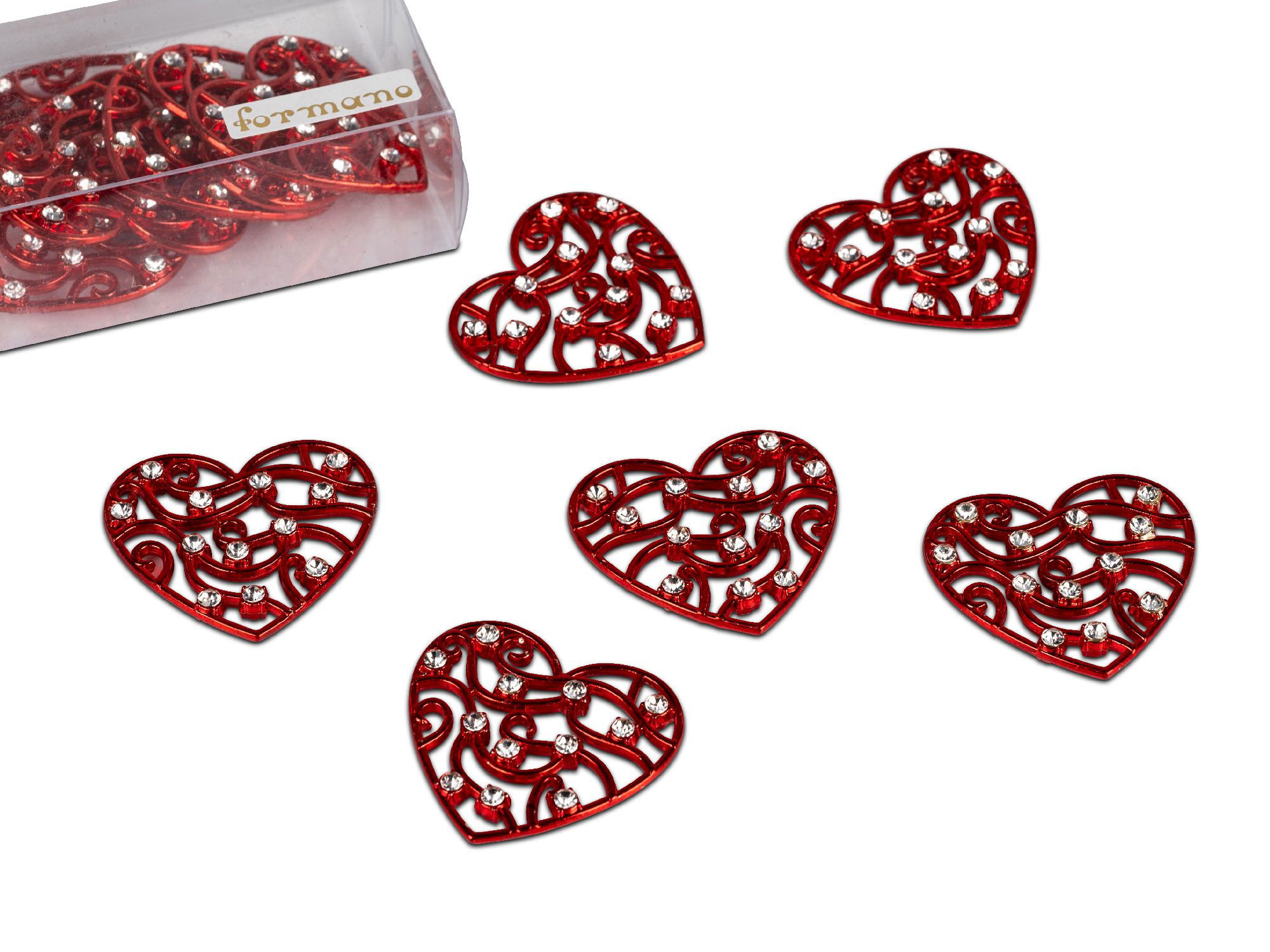 Fünf rote Herzformen mit geschwungenem Muster und glitzernden Steinen, in einer transparenten Verpac