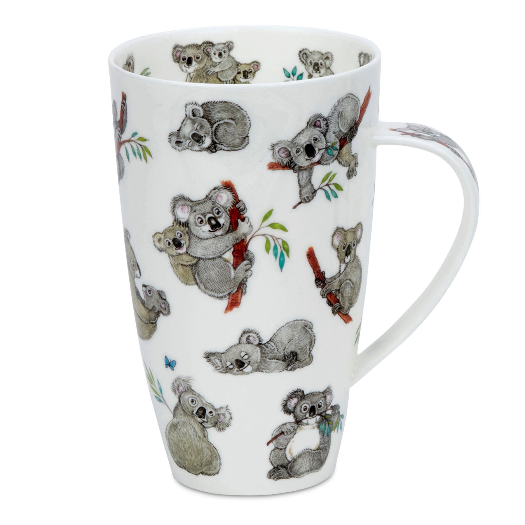Eine weiße Tasse mit bunten Koala-Motiven, die auf Ästen sitzen oder sich umarmen, umgeben von kleinen Pflanzen.