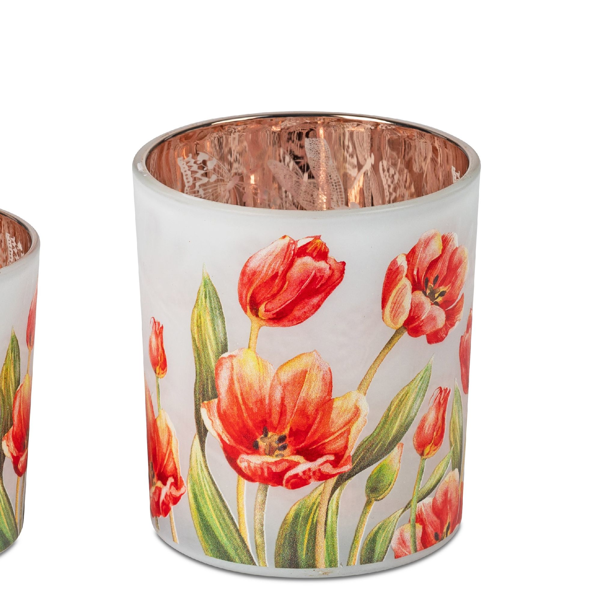 Zwei Glasbehälter mit floralen Motiven von roten Tulpen und grünen Blättern, innen mit kupferfarbene