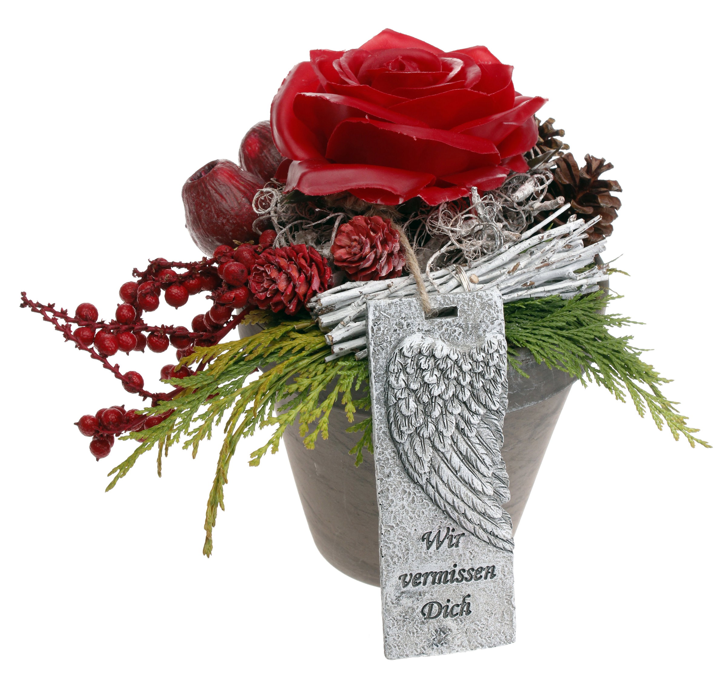 Grabschmuck Tontopf mit Wachsrose rot, wetterfest CreaFlor Home