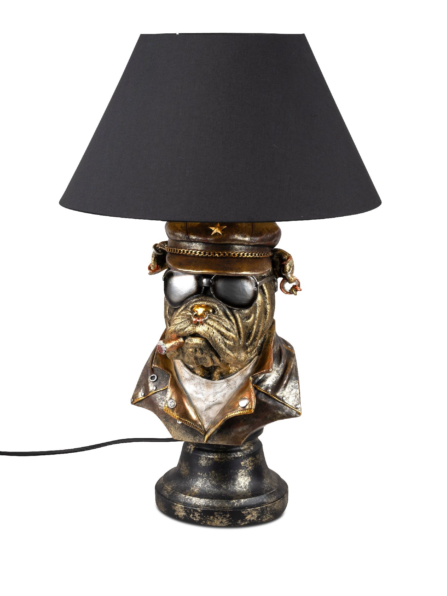 Tischlampe in Form eines Hundekopfes mit Sonnenbrille und schwarzem Lampenschirm, auf einem runden S