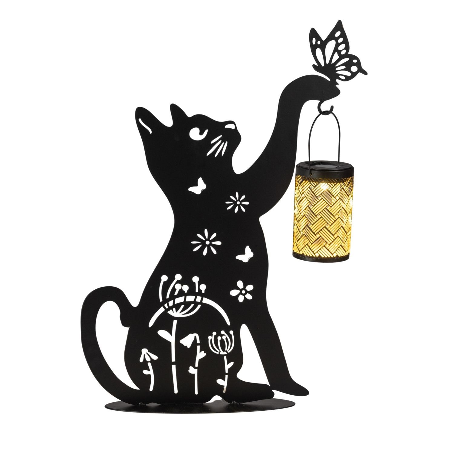 Schwarze Katzensilhouette mit Schmetterling, daran hängt eine leuchtende Laterne