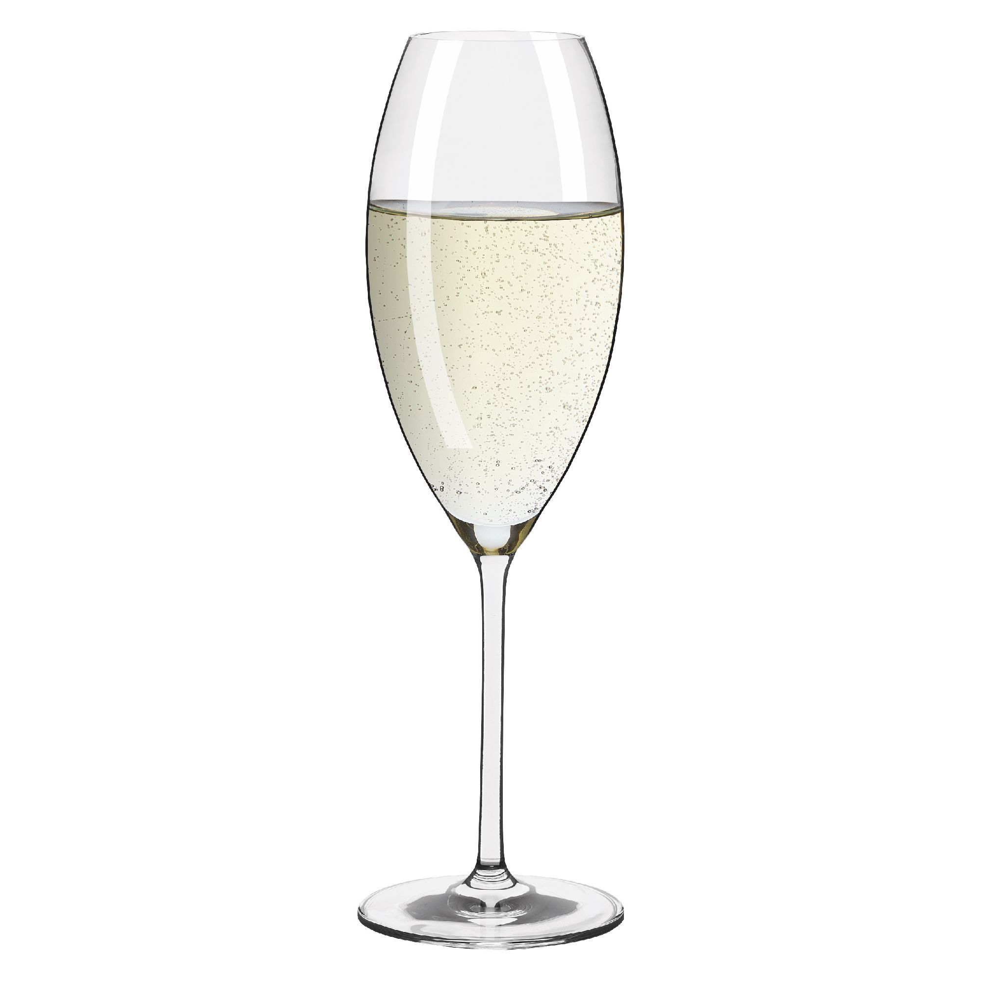 Ein schlanker Sektglas mit sprudelndem, hellgelbem Getränk. Der Glasrand ist klar und der Fuß ist rund.