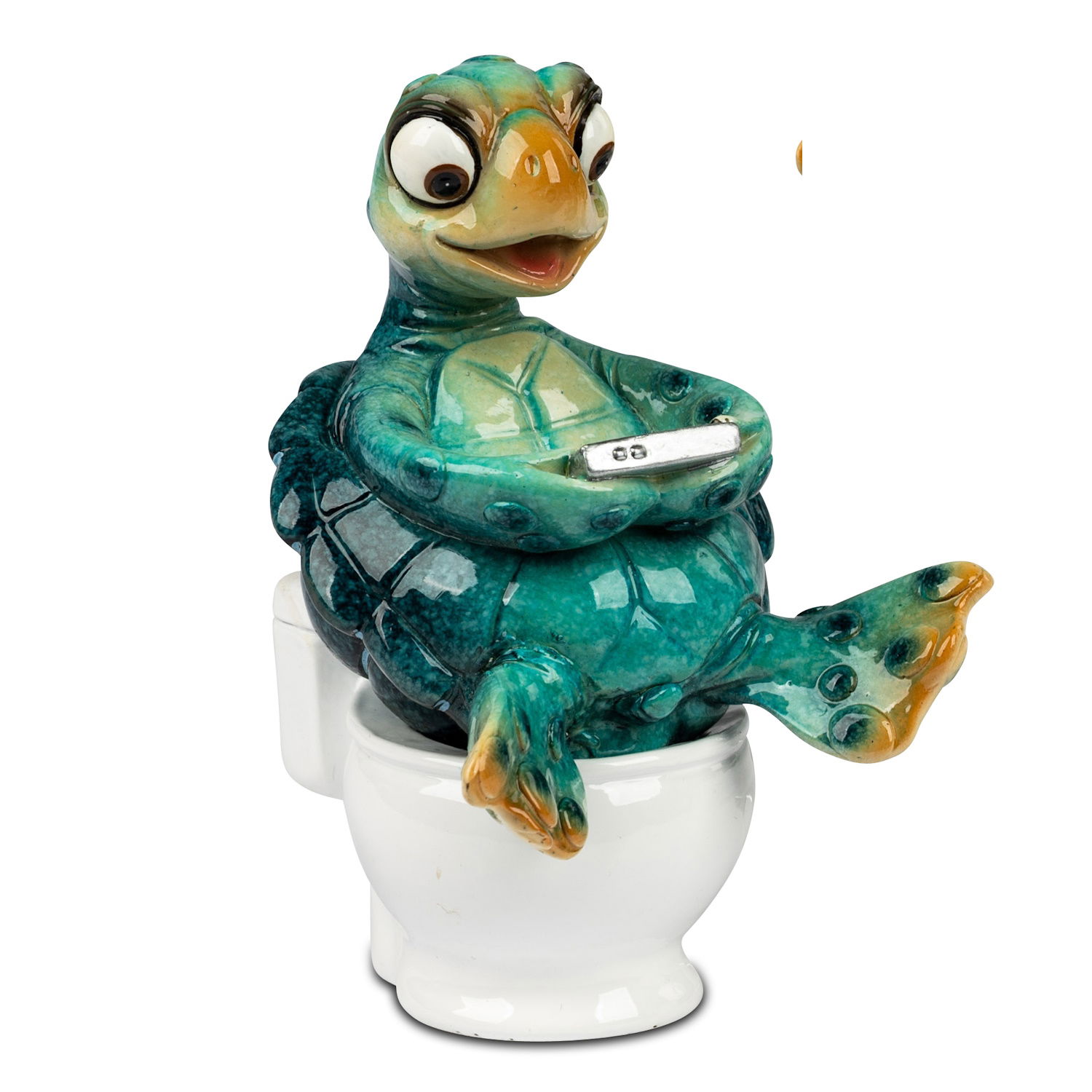 Dekofigur Schildkröte Harry auf Toilette blau Höhe 11cm aus Kunststein von FORMANO