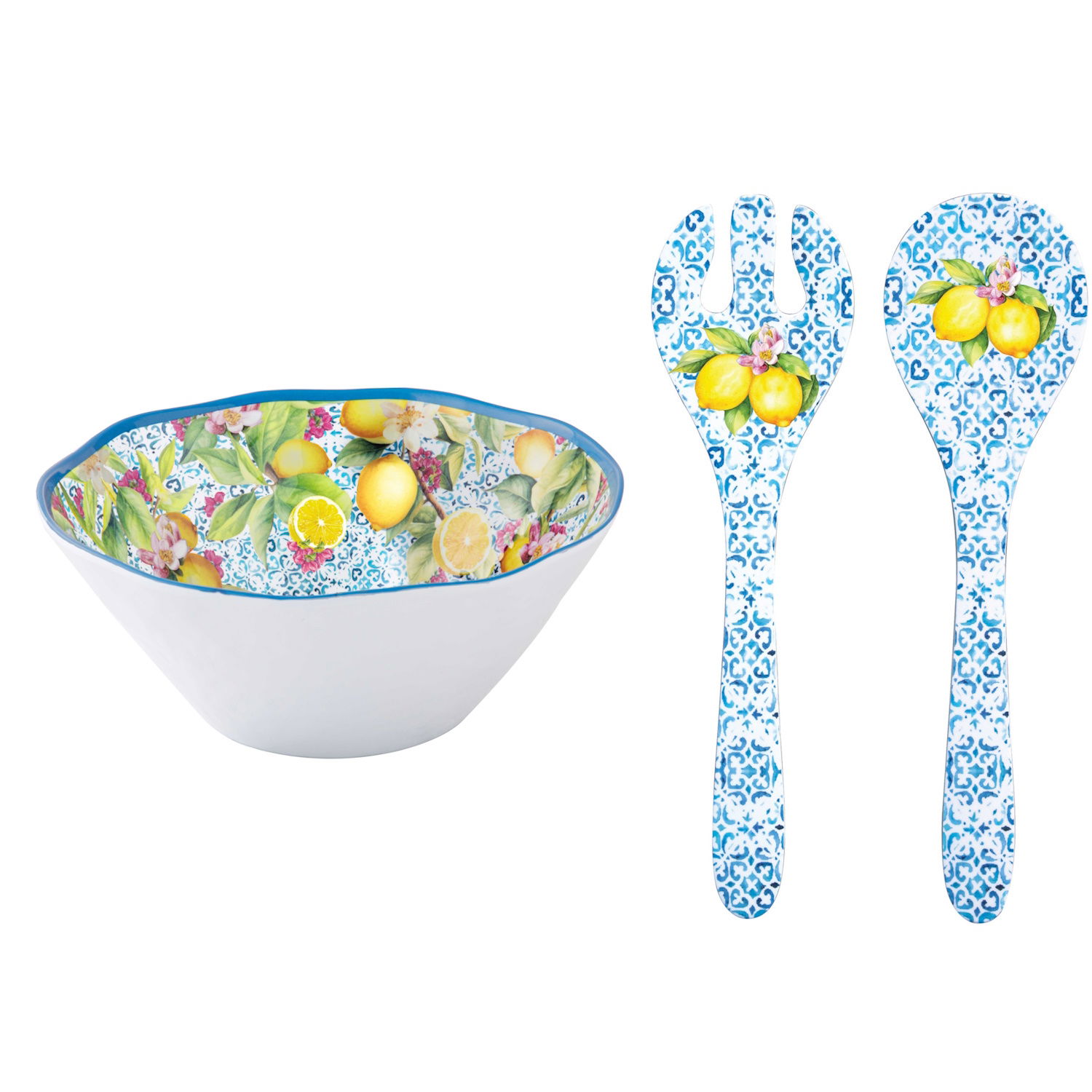 Schüssel + Salatbesteck ISCHIA Zitronen,Durchmesser 29cm weiß blau gelb Melamin von EASY LIFE