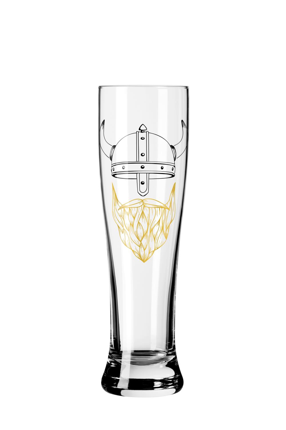 Ein hohes, transparentes Glas mit einem schwarzen Wikingerhelm und einem goldenen Bartmotiv.