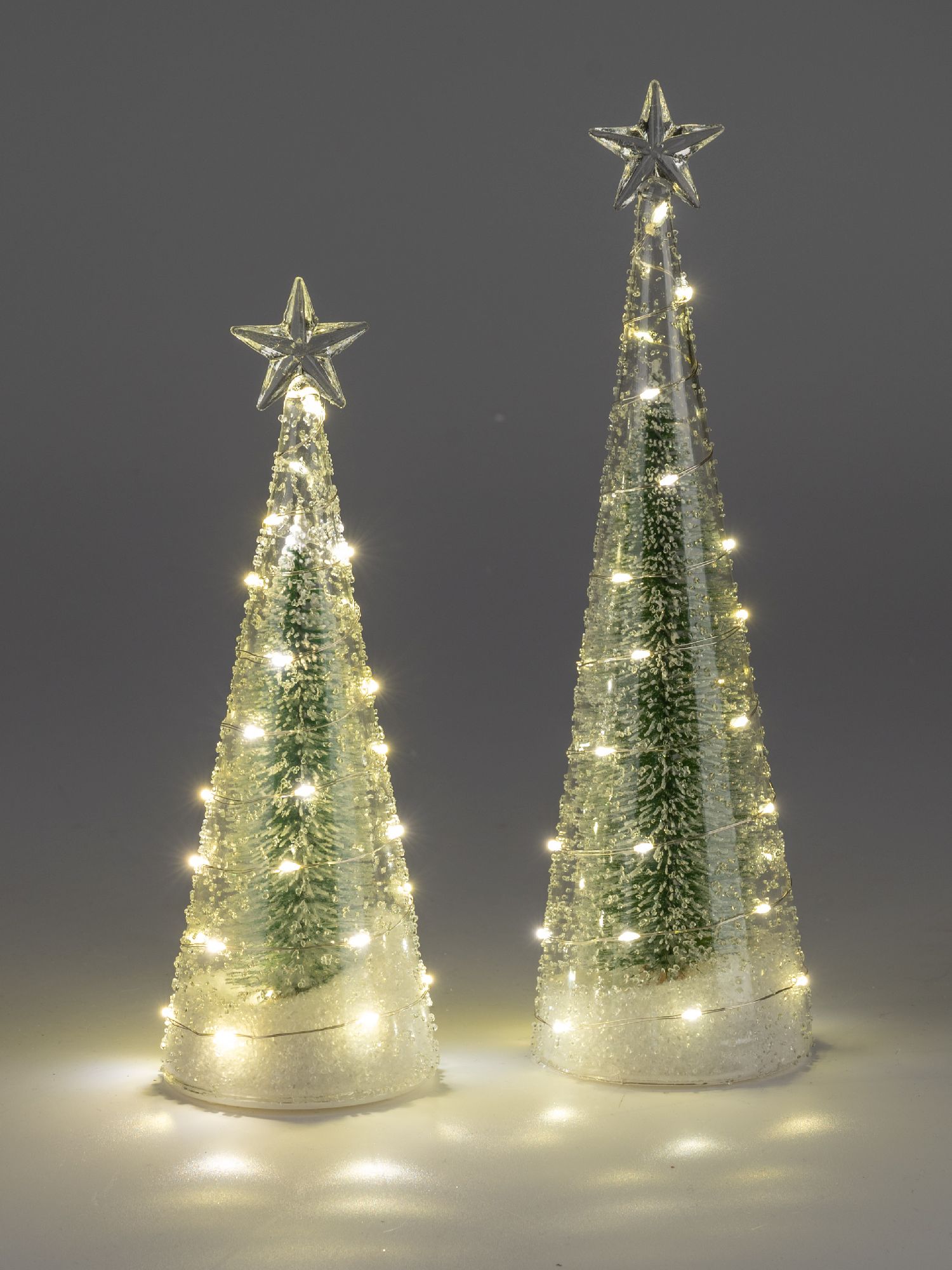 Zwei dekorative Weihnachtsbäume aus transparentem Material, beleuchtet mit kleinen Lichtern, stehen