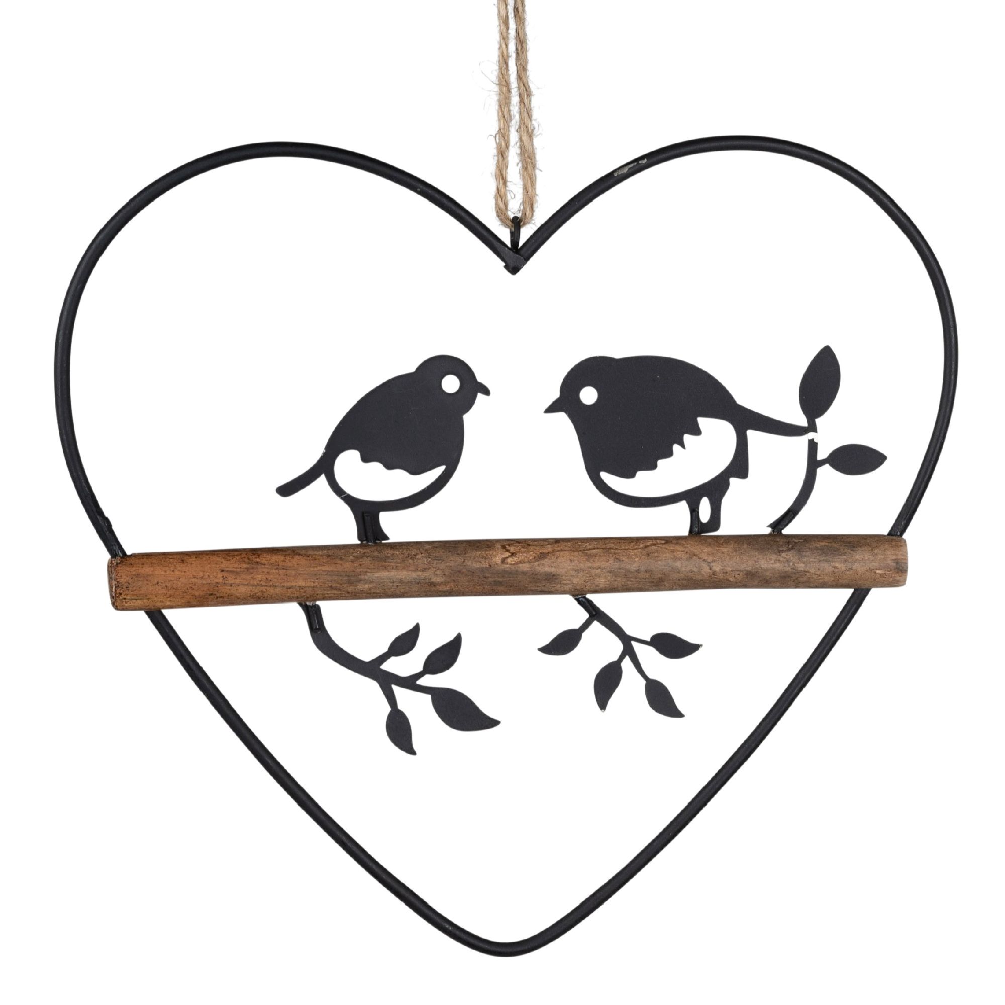 Dekoratives Herz aus schwarzem Metall mit zwei stilisierten Vögeln auf einem Holzast und kleinen Zweigen.