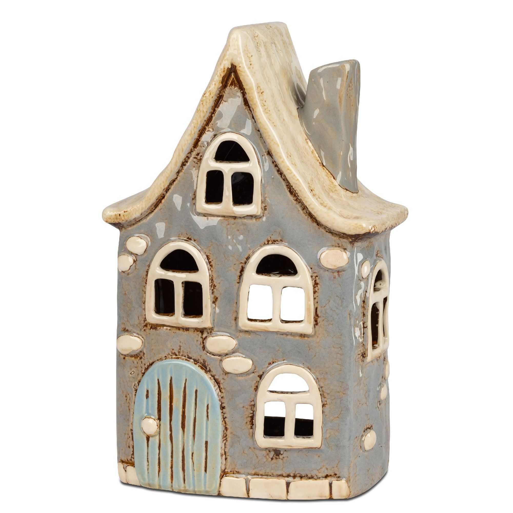 Keramisches Haus in Grau mit blauer Tür und mehreren Fenstern, detailreiche Dachform und strukturierte Wände.