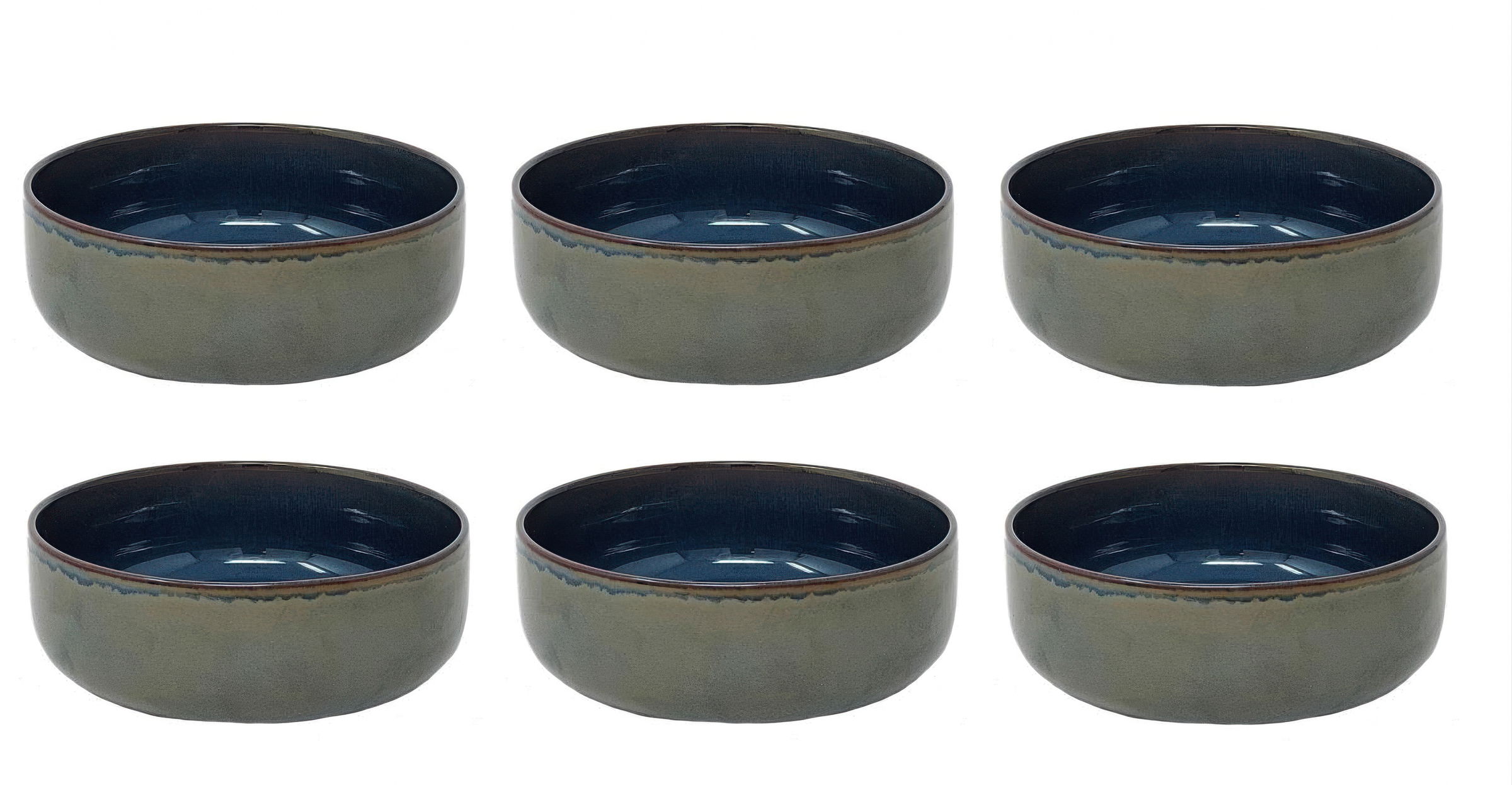 Sechs flache Schalen mit einem blauen Innenleben und einem grauen, matten Äußeren, gleichmäßig angeordnet.