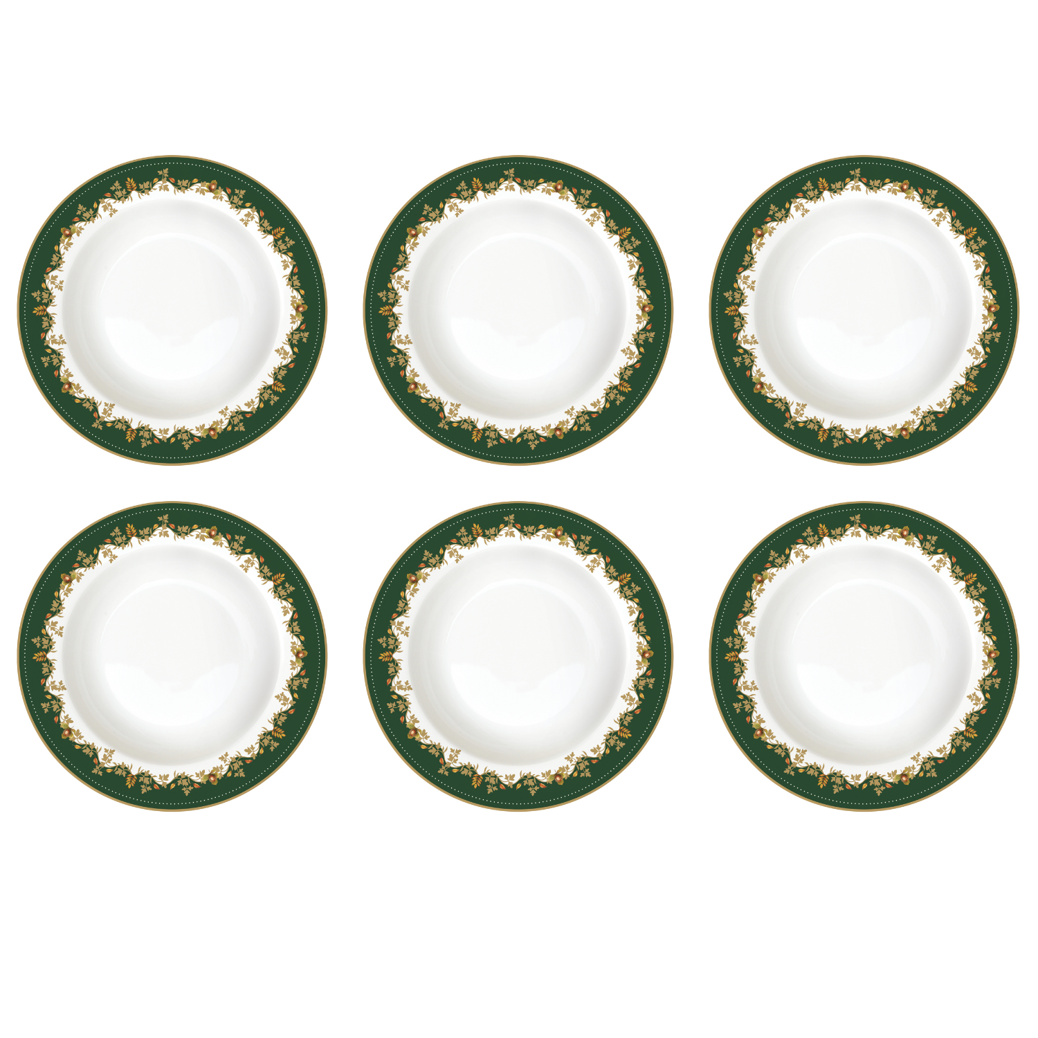 6er Set Suppenteller Forest Dream weiß mit grünem Rand und Blätterdekor