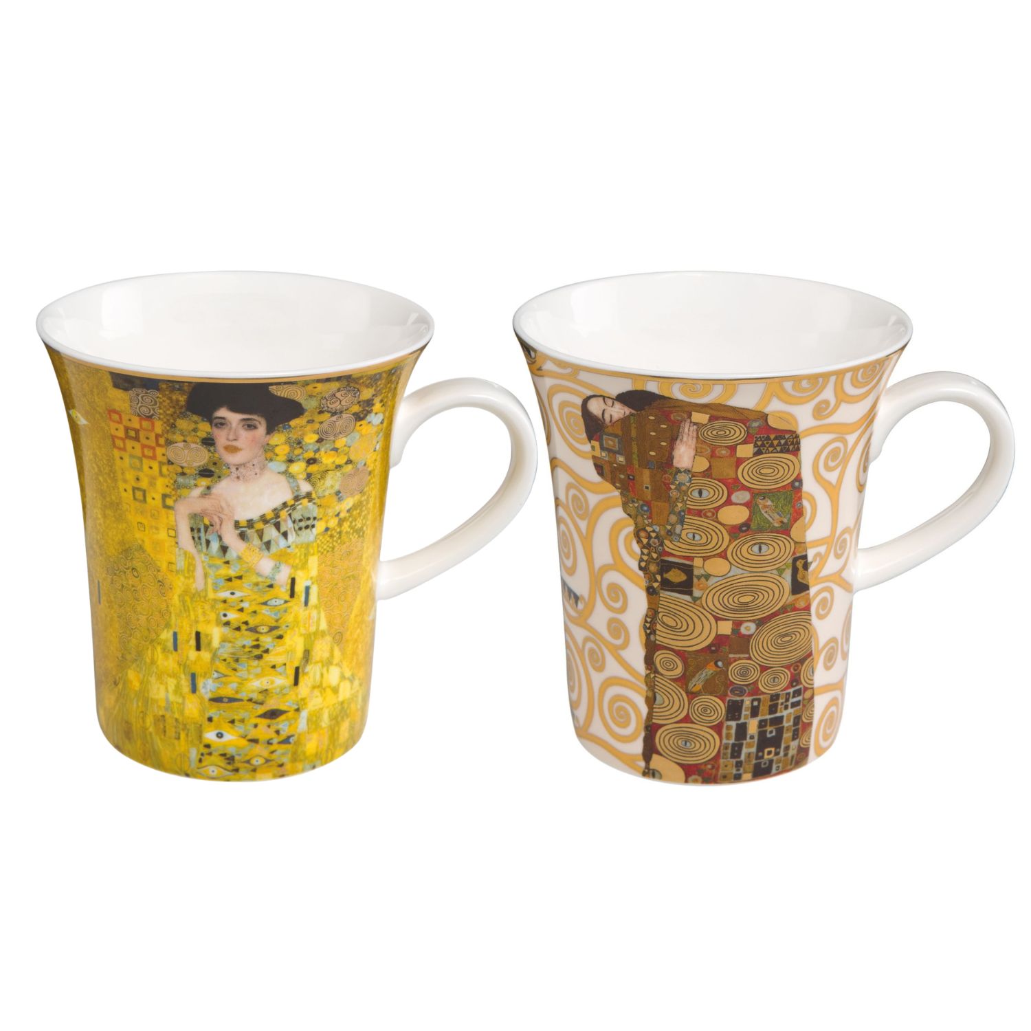 Zwei Kaffeetassen mit kunstvollen Motiven, eine mit einer Frau in Gelb, die andere mit einem abstrakten Muster in Erdtönen.