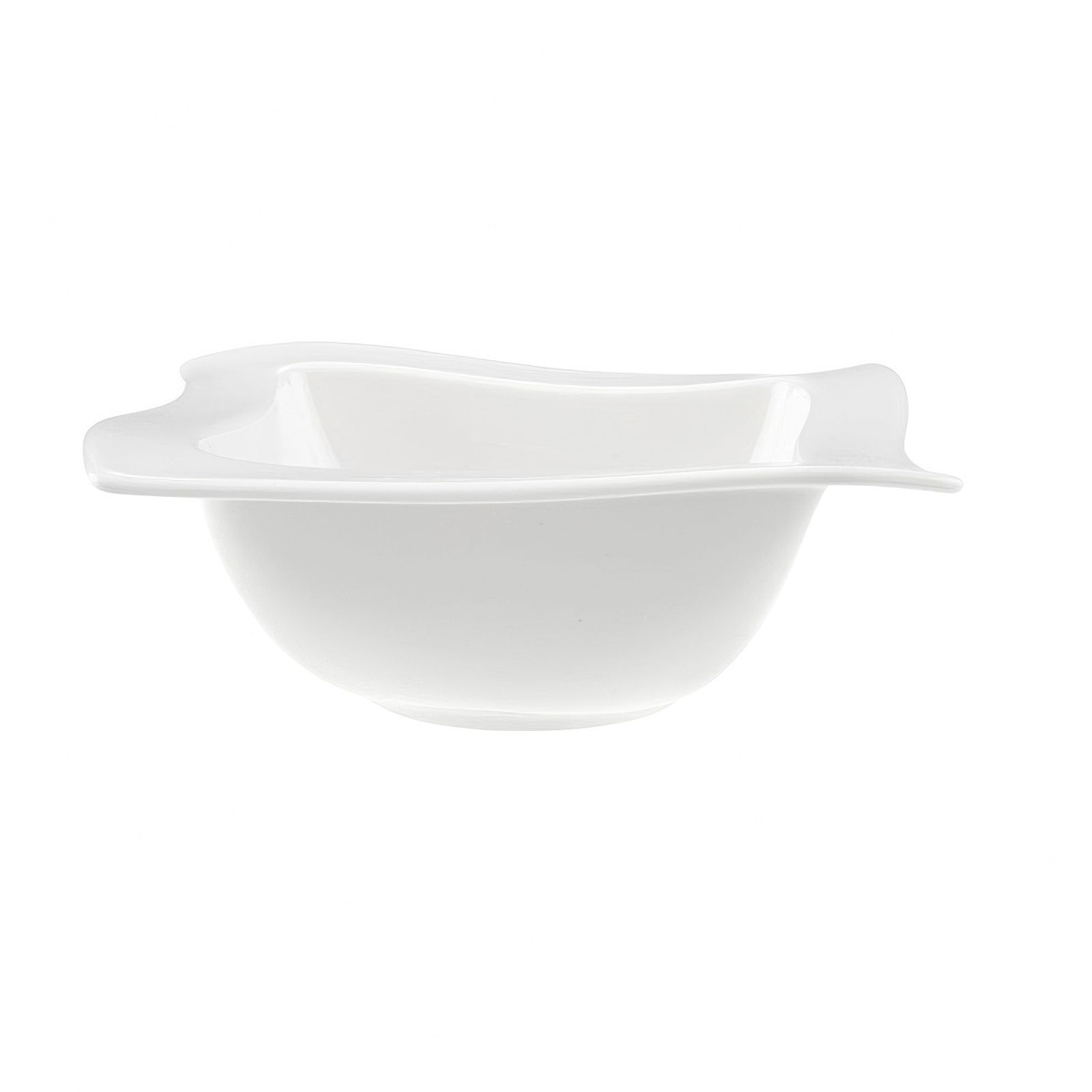 Weiße, ovale Schüssel mit leicht gewelltem Rand, auf einem neutralen Hintergrund.