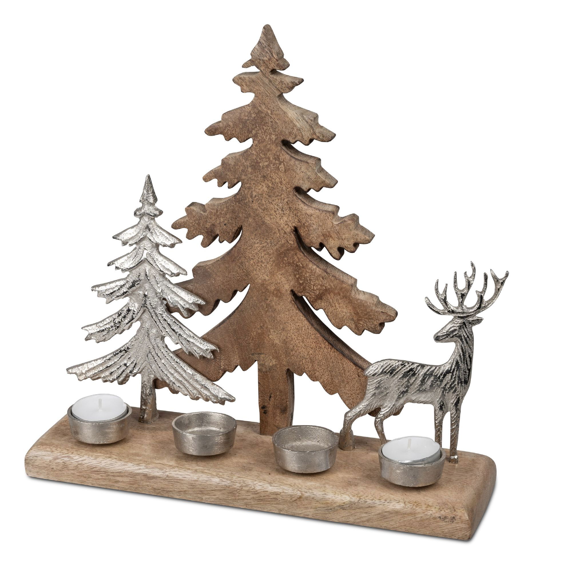 Adventsleuchter mit zwei Bäumen und Hirsch aus naturfarbenem Holz und silbernem Metall