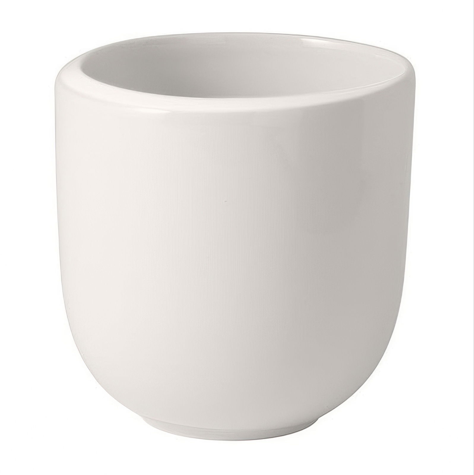Weißer, runder Becher aus Keramik mit glatter Oberfläche und leicht nach oben geöffnetem Rand.