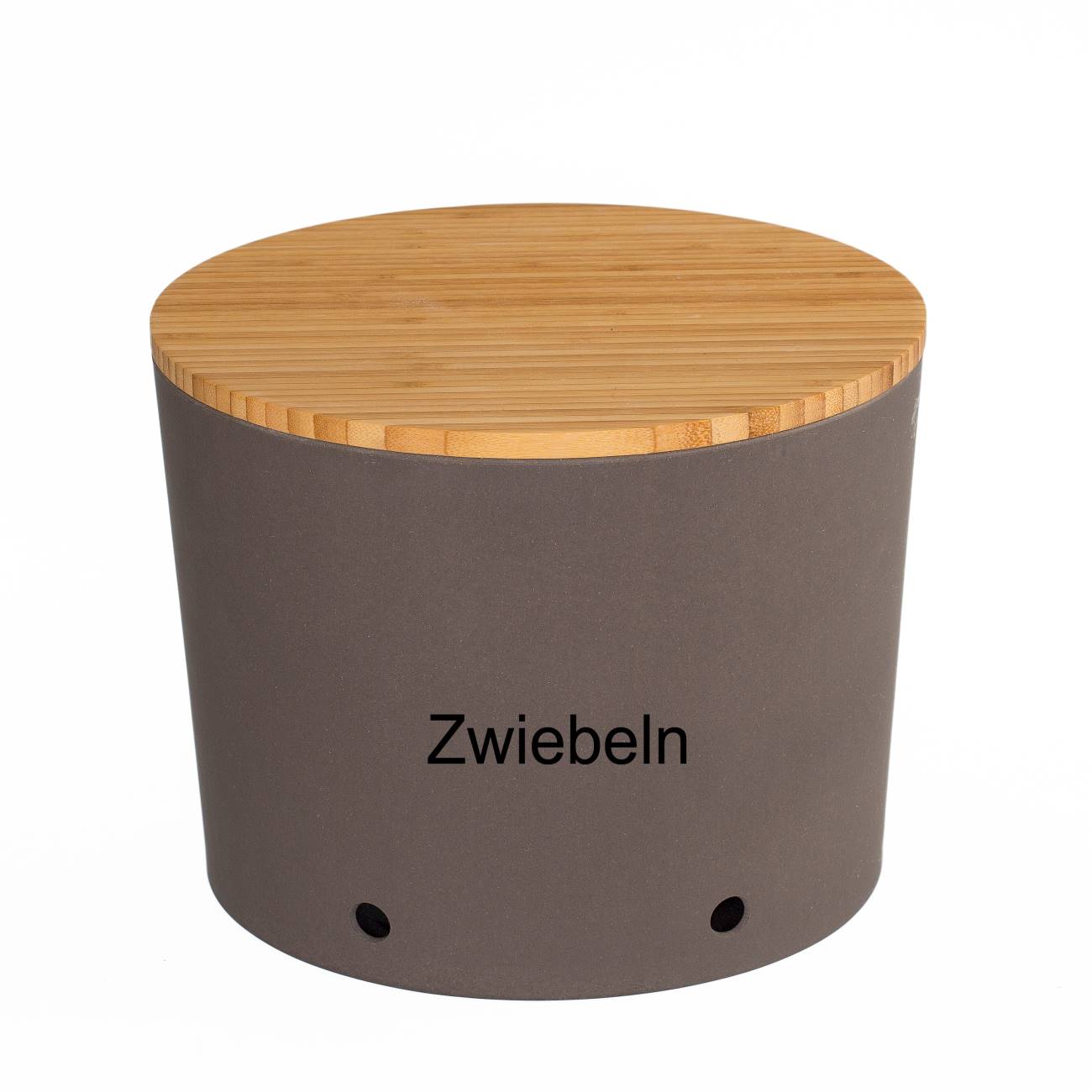 Runder Behälter mit Holzdeckel, beschriftet mit "Zwiebeln", in grauer Farbe und mit Belüftungslöchern an der Seite.
