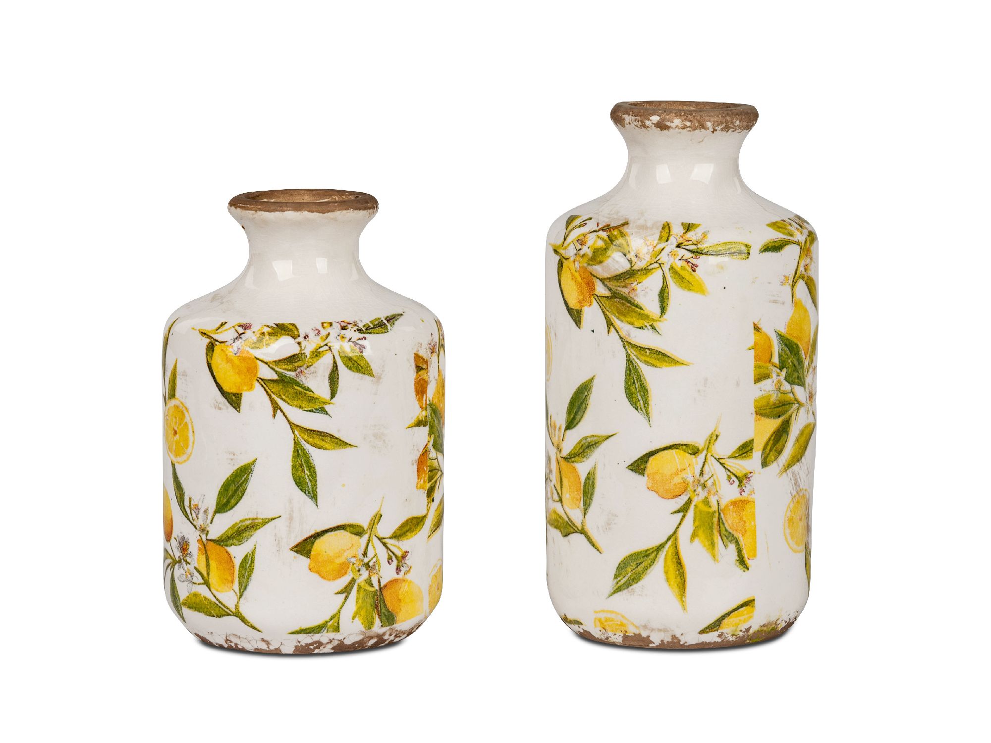 2er Set Dekovasen VINTAGE LEMON Zitronen 18 + 21cm weiß gelb antik von FORMANO