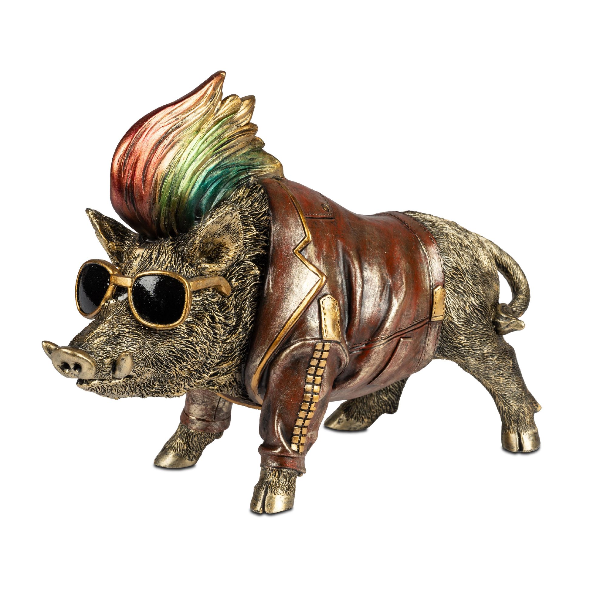 Dekofigur Rocker Wildschwein mit Lederjacke H. 24cm antik gold Formano