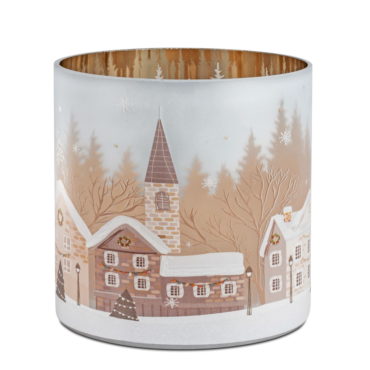 Kerzenglas mit winterlicher Dorfszene: schneebedeckte Häuser, Kirche, Tannen und Schneeflocken