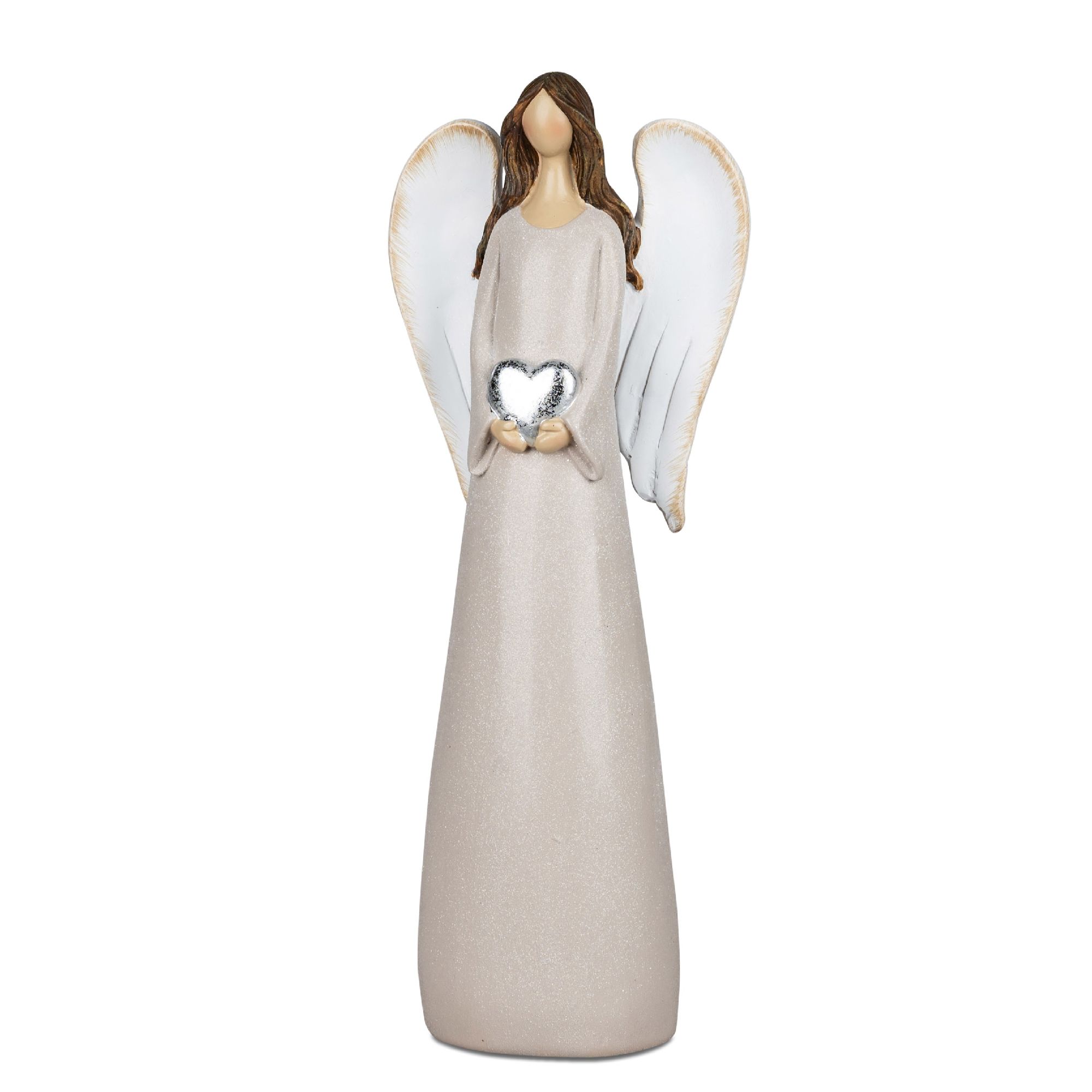 Eine figurative Darstellung eines Engels mit langen, weißen Flügeln, der ein Herz in den Händen hält