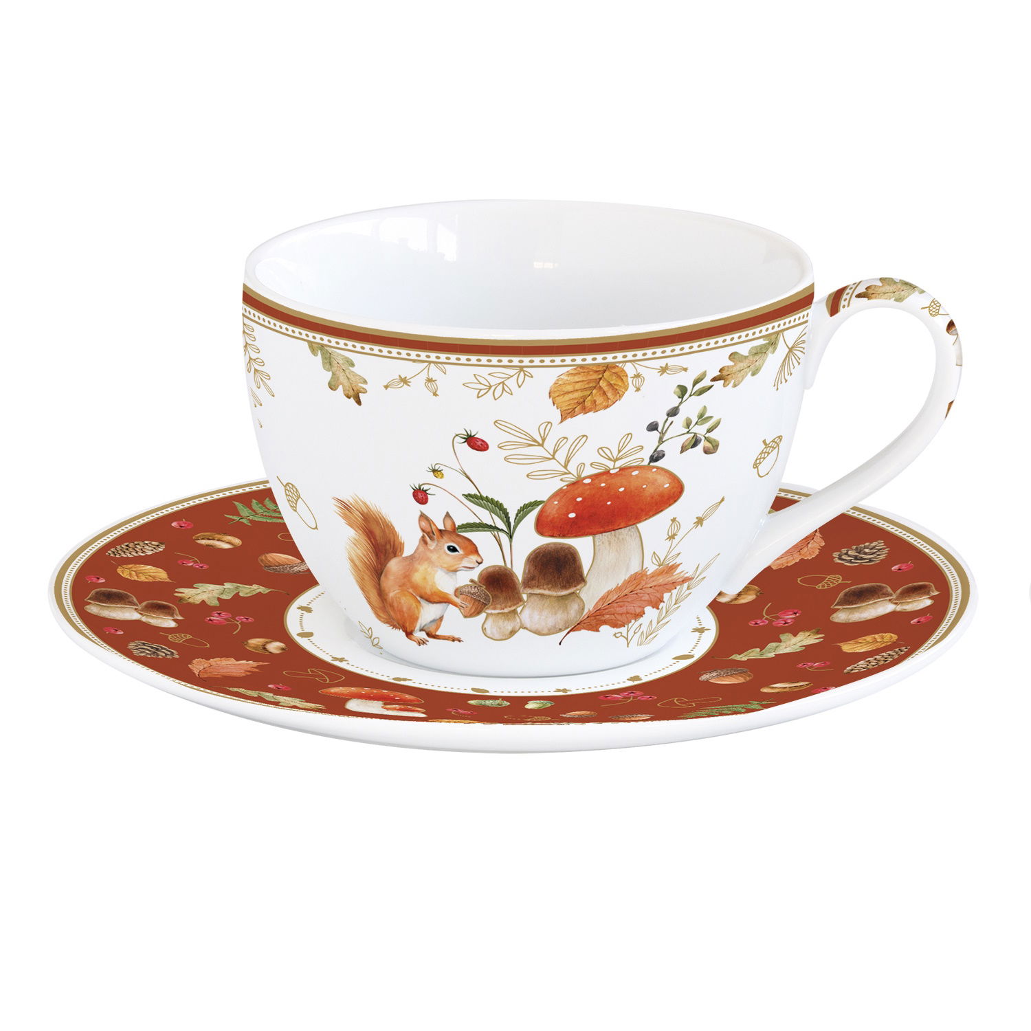 Tasse mit Untertasse, verziert mit einem Eichhörnchen und Pilzen
