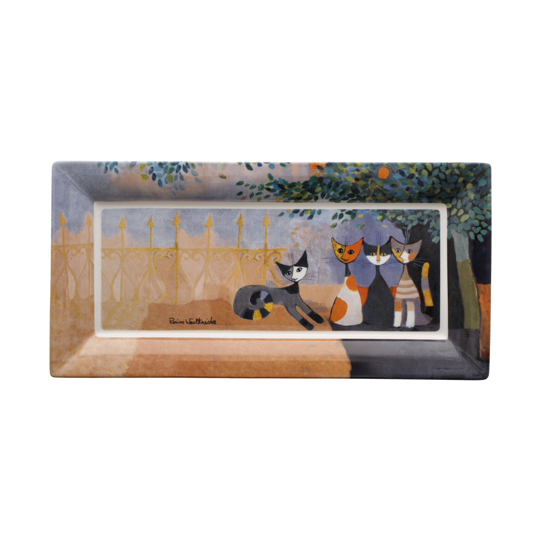 Ein rechteckiger Teller mit einer bunten Illustration von vier Katzen und einem Baum im Hintergrund.