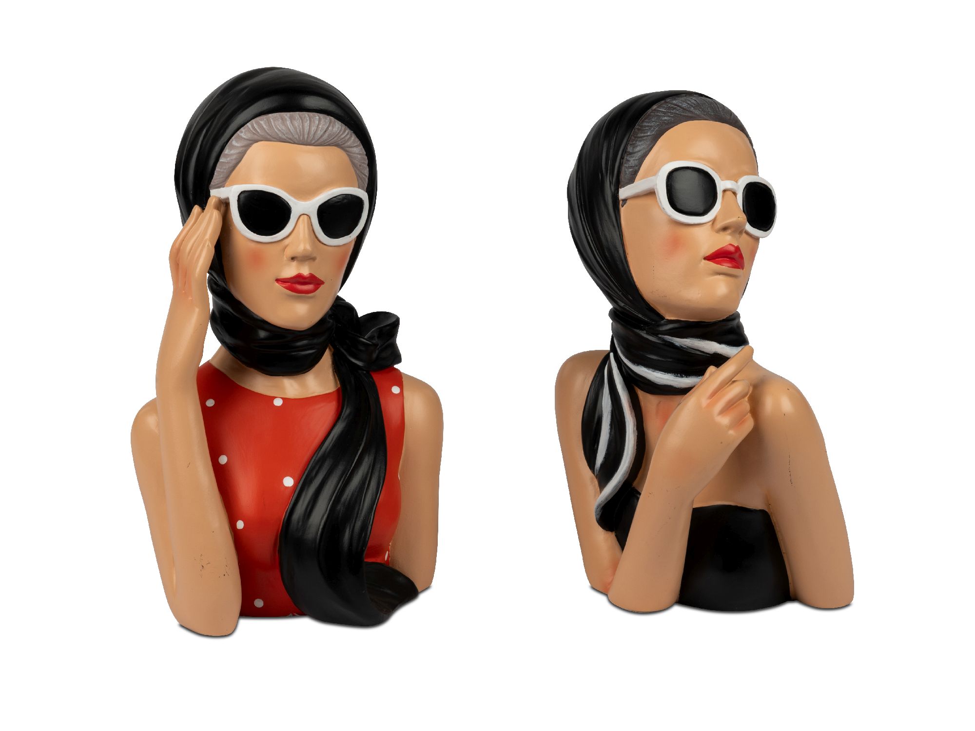 Zwei stilisierte Frauenbüsten mit Sonnenbrillen, eine in rotem Kleid mit weißen Punkten, die andere