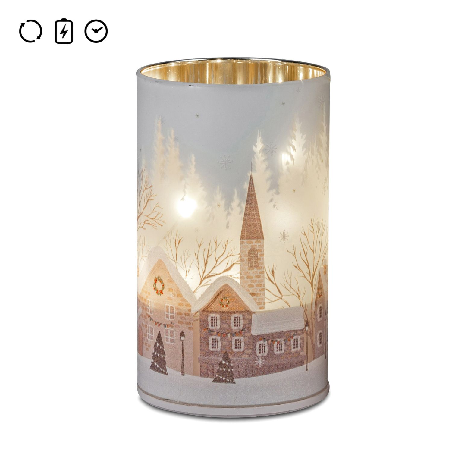Zylindrische Leuchte mit winterlichem Dorfmotiv, beleuchteten Fenstern und Kirchturm