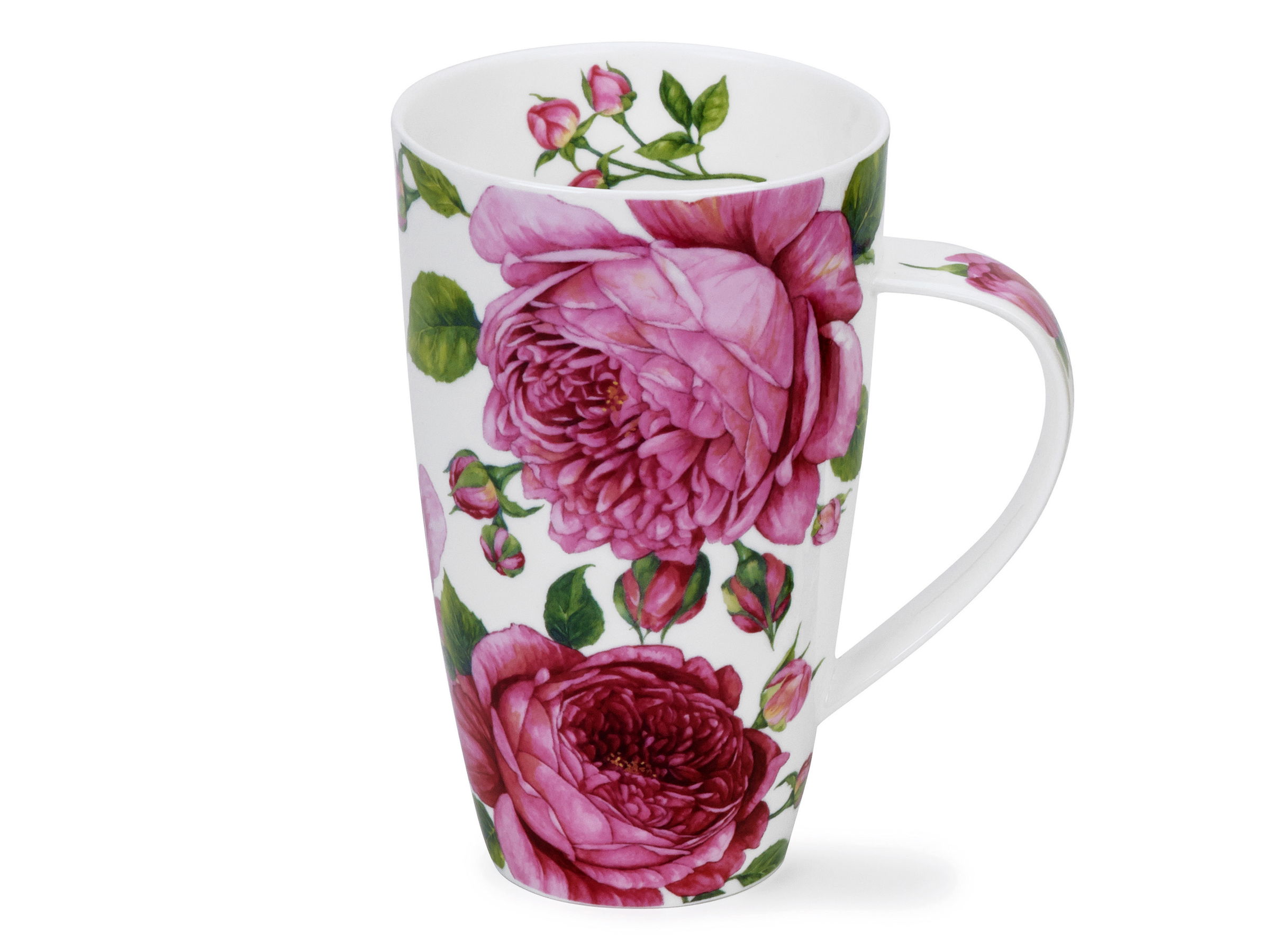 Weißer Becher mit buntem Rosenmuster in Pink und Grün. Der Becher hat einen langen Henkel und eine schlichte Form.