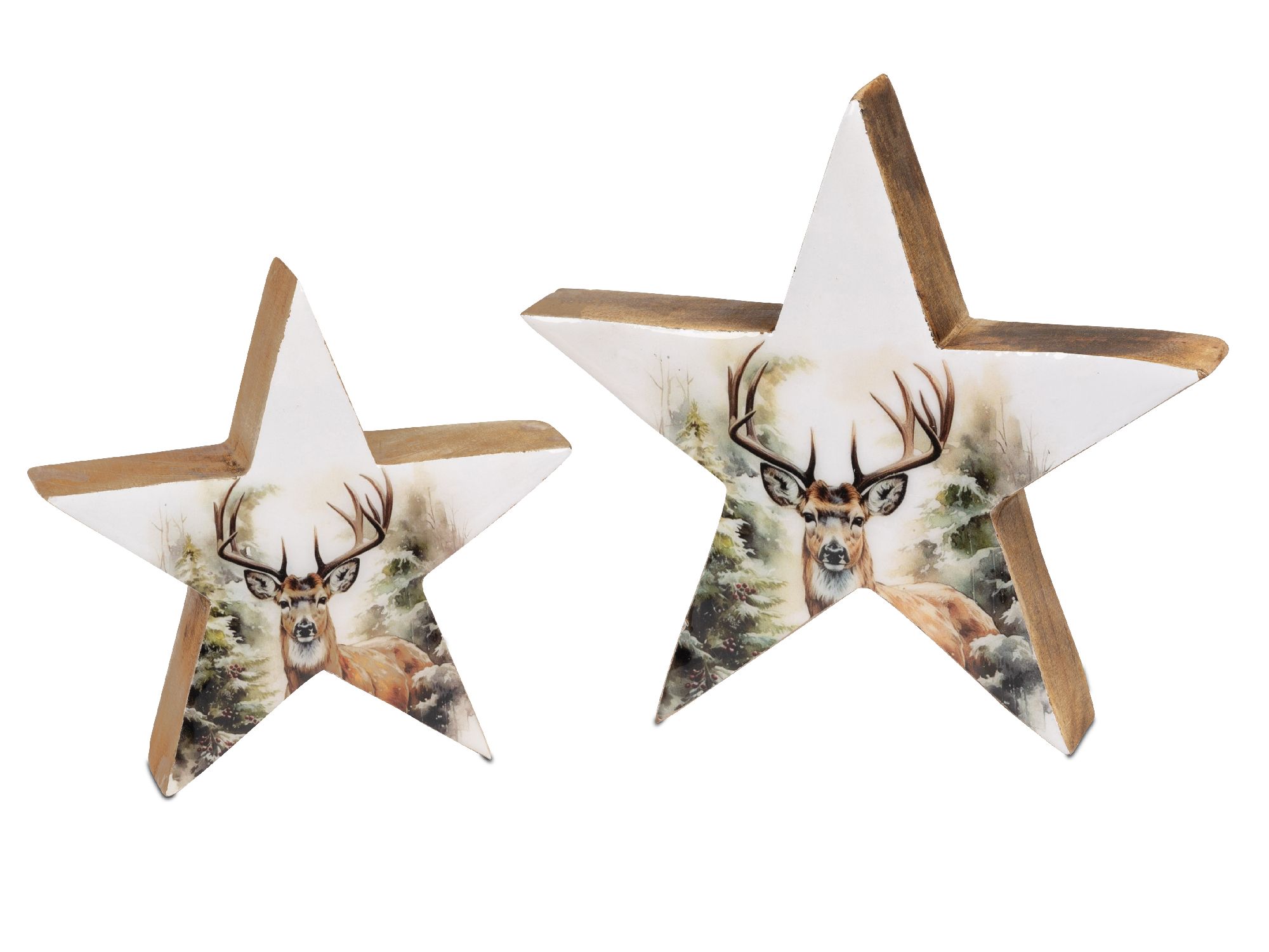 Zwei dekorative Sterne aus Holz, einer größer als der andere, mit einem Bild eines Rehs und Waldmoti