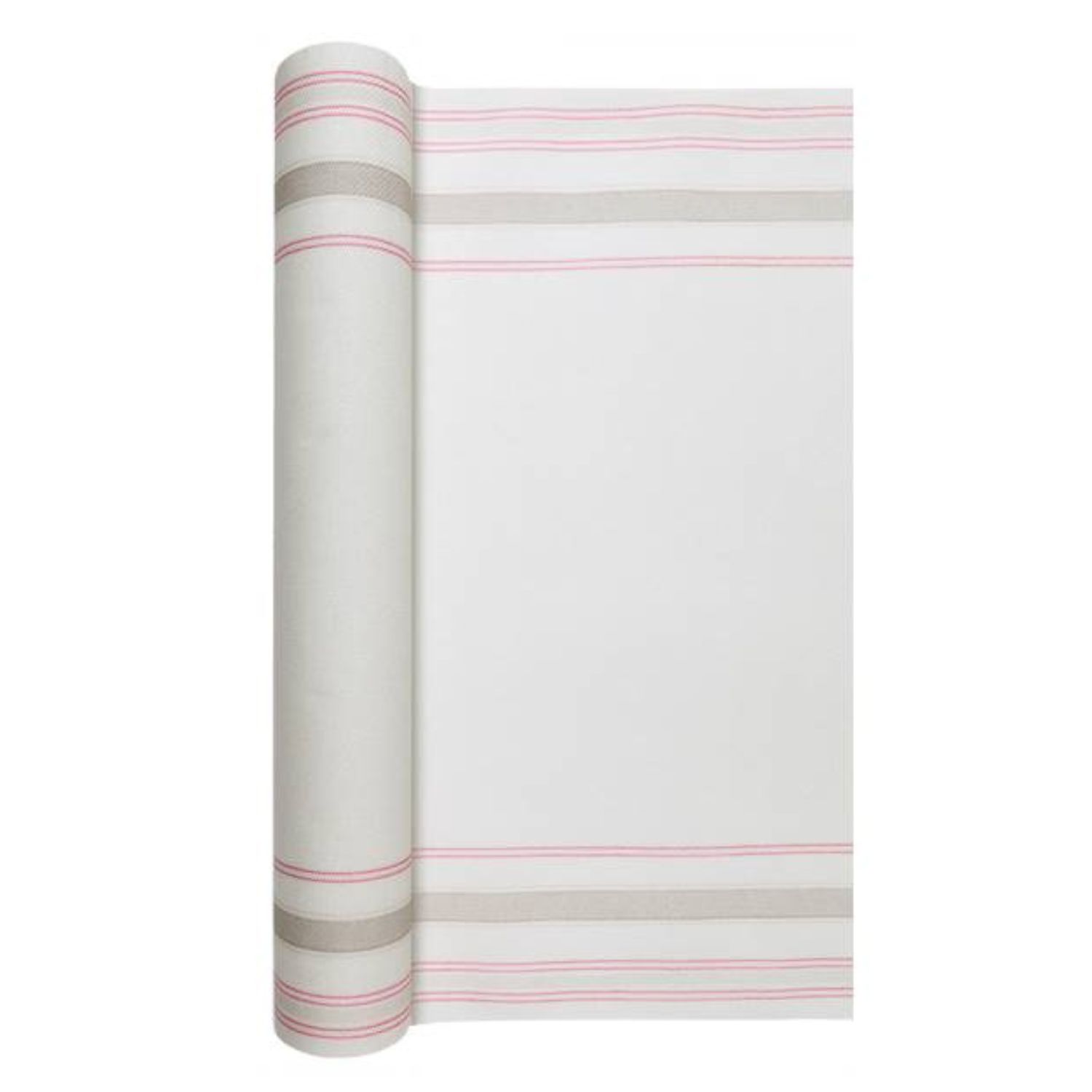 Rolle mit einem weißen Stoff, verziert mit grauen und pinken Streifen. Der Stoff ist aufgerollt und zeigt eine glatte Oberfläche.