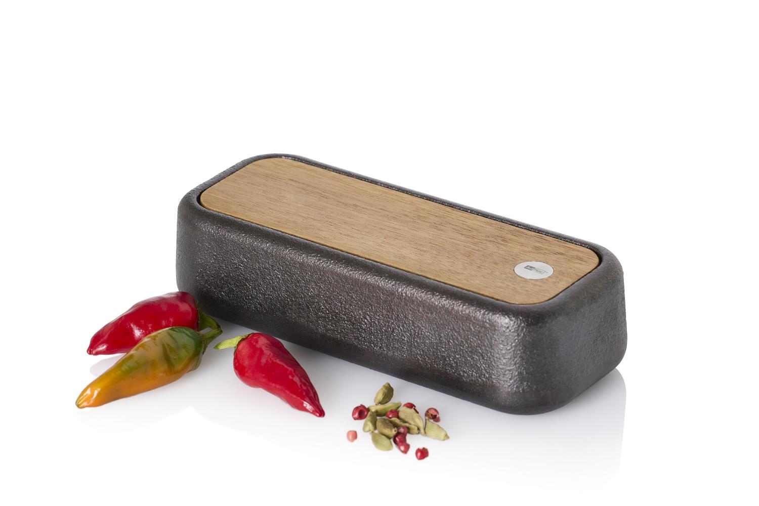 Gewürzbox POTTA mit 3 Fächern Höhe 4,5cm 17x7,2cm Gusseisen + Akazienholz von ADHOC