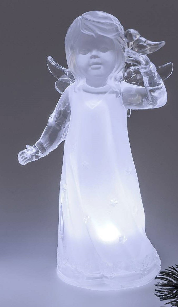 Durchsichtige Engel-Figur mit Flügeln, die von innen beleuchtet ist. Sie trägt ein langes Kleid und