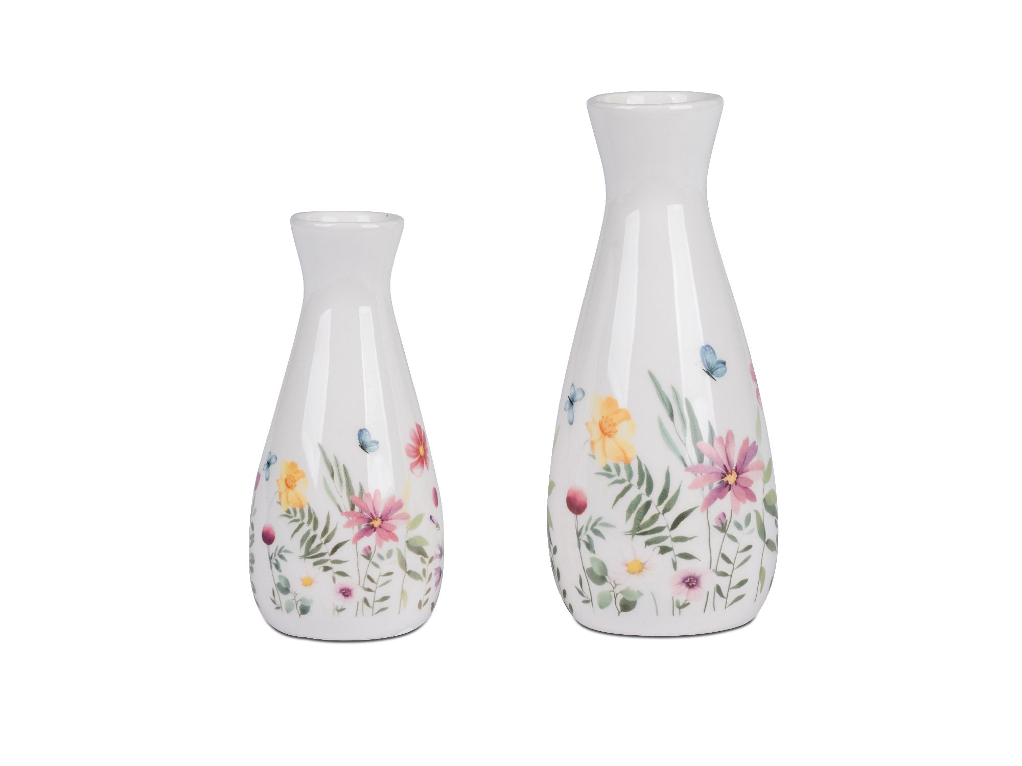 Zwei Vasen aus Porzellan, eine klein und eine groß, mit bunten Blumen- und Schmetterlingsmotiven auf