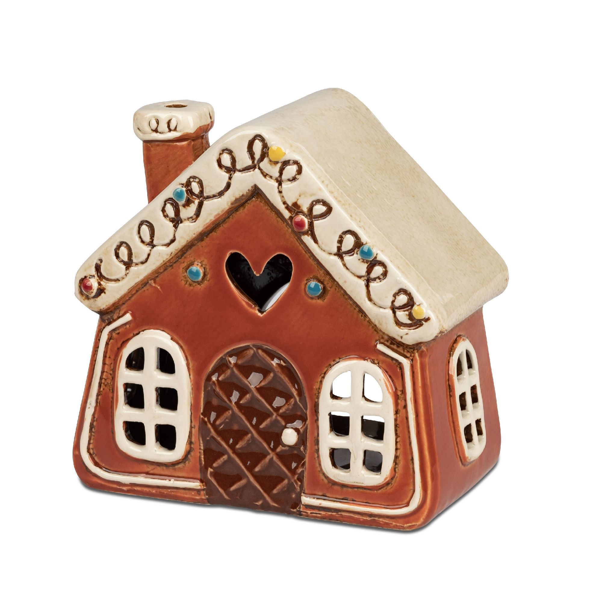 Keramisches Haus in Braun mit weißen Fenstern, einem Herzfenster und bunten Dekorationen auf dem Dac