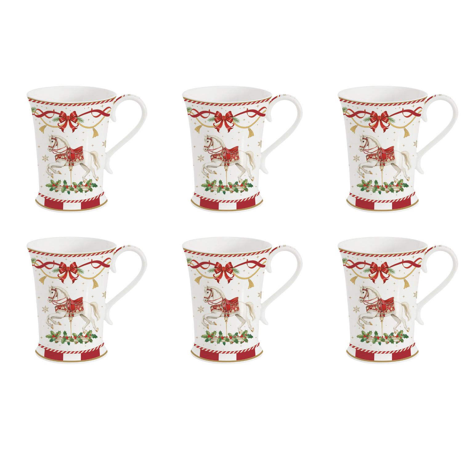 6 weiße Becher mit einem geschmückten Pferd und weihnachtlichen Motiven
