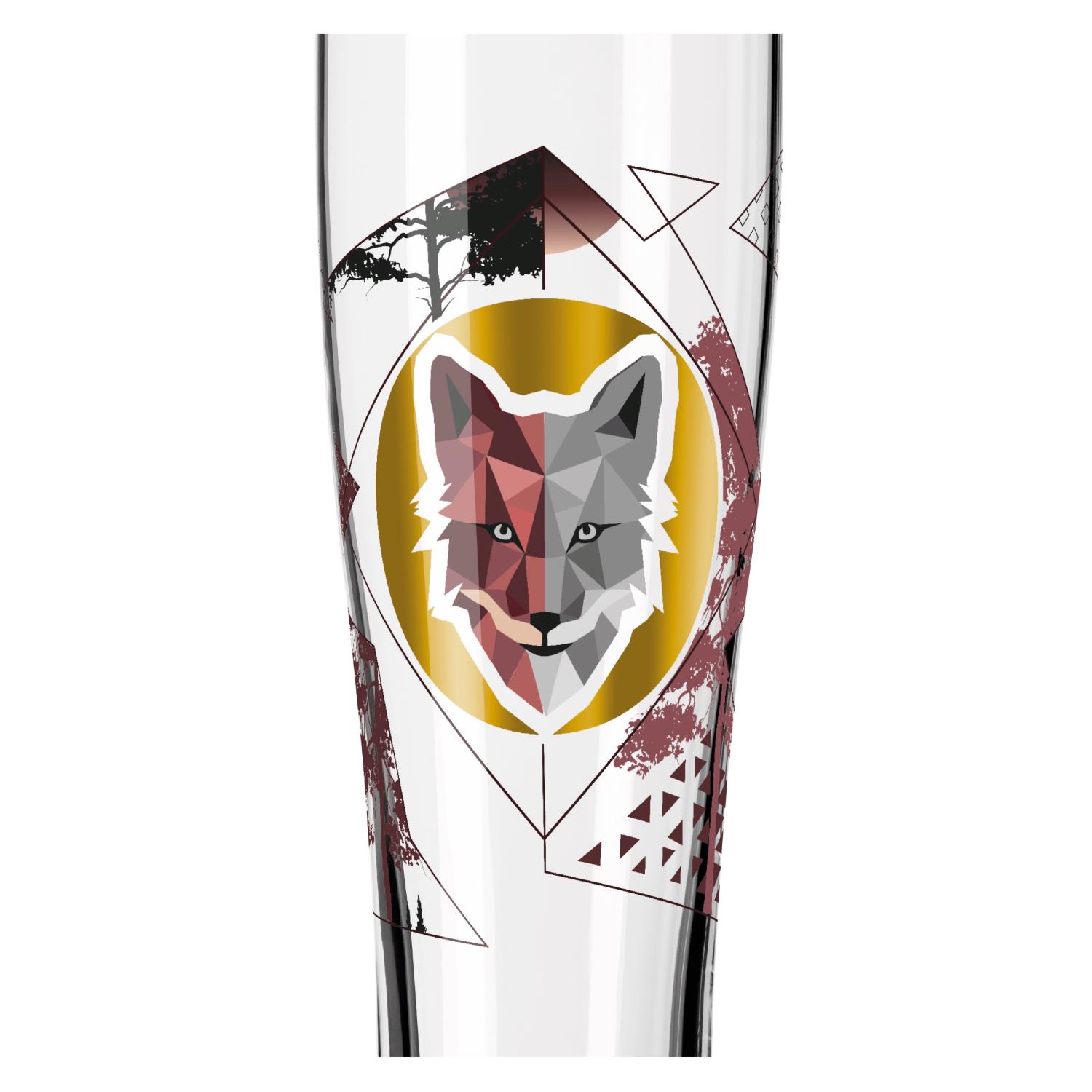 Ein transparentes Glas mit geometrischem Wolfsmotiv in verschiedenen Farben und grafischen Elementen.