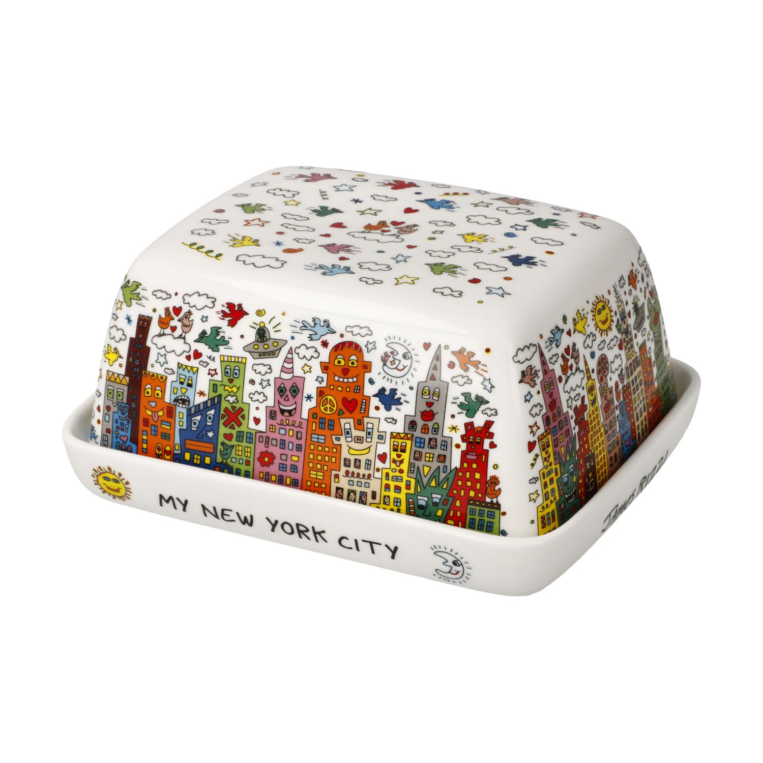 Bunte Butterdose mit comicartigen Stadtmotiven, Wolken, Sternen und Figuren verziert