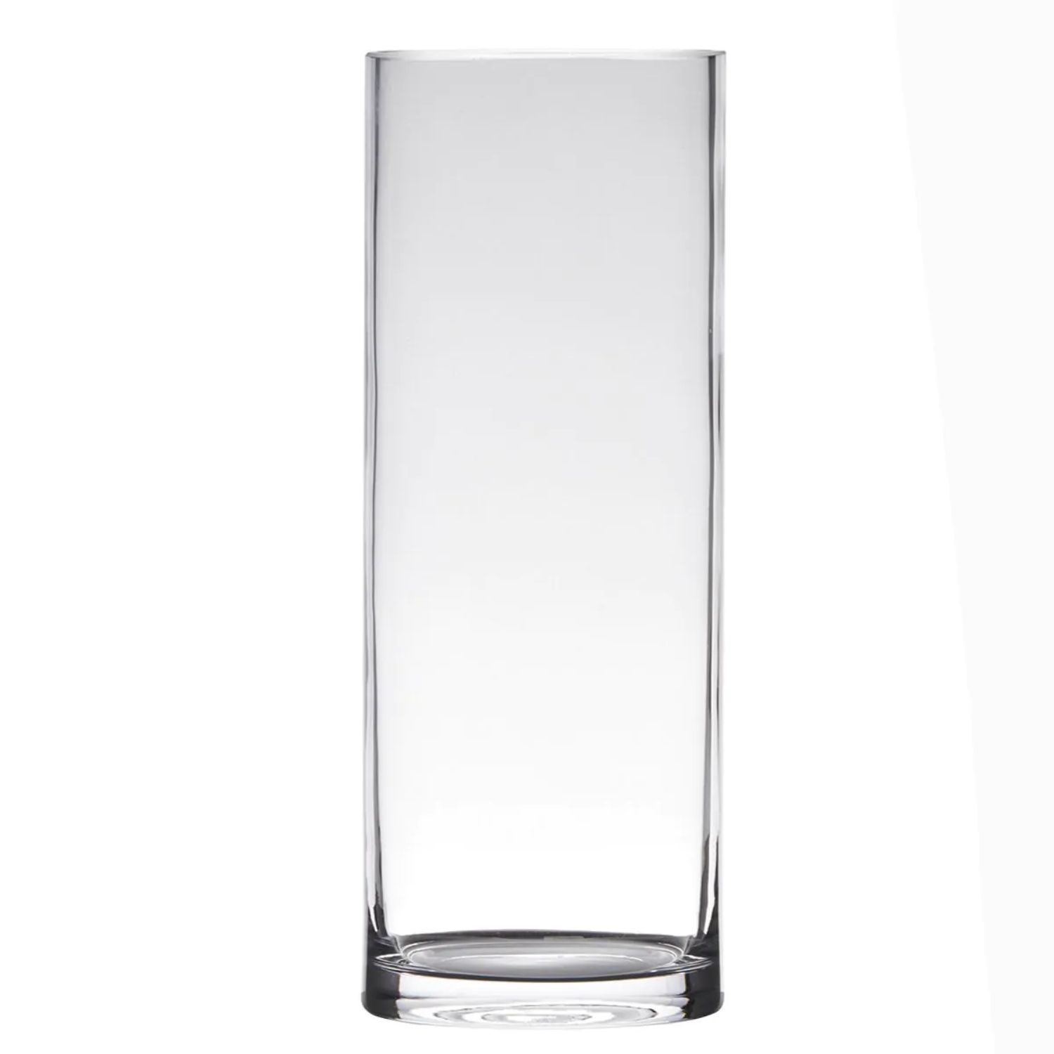 Ein transparenter, zylindrischer Glasbehälter mit geraden Wänden und einem flachen Boden.