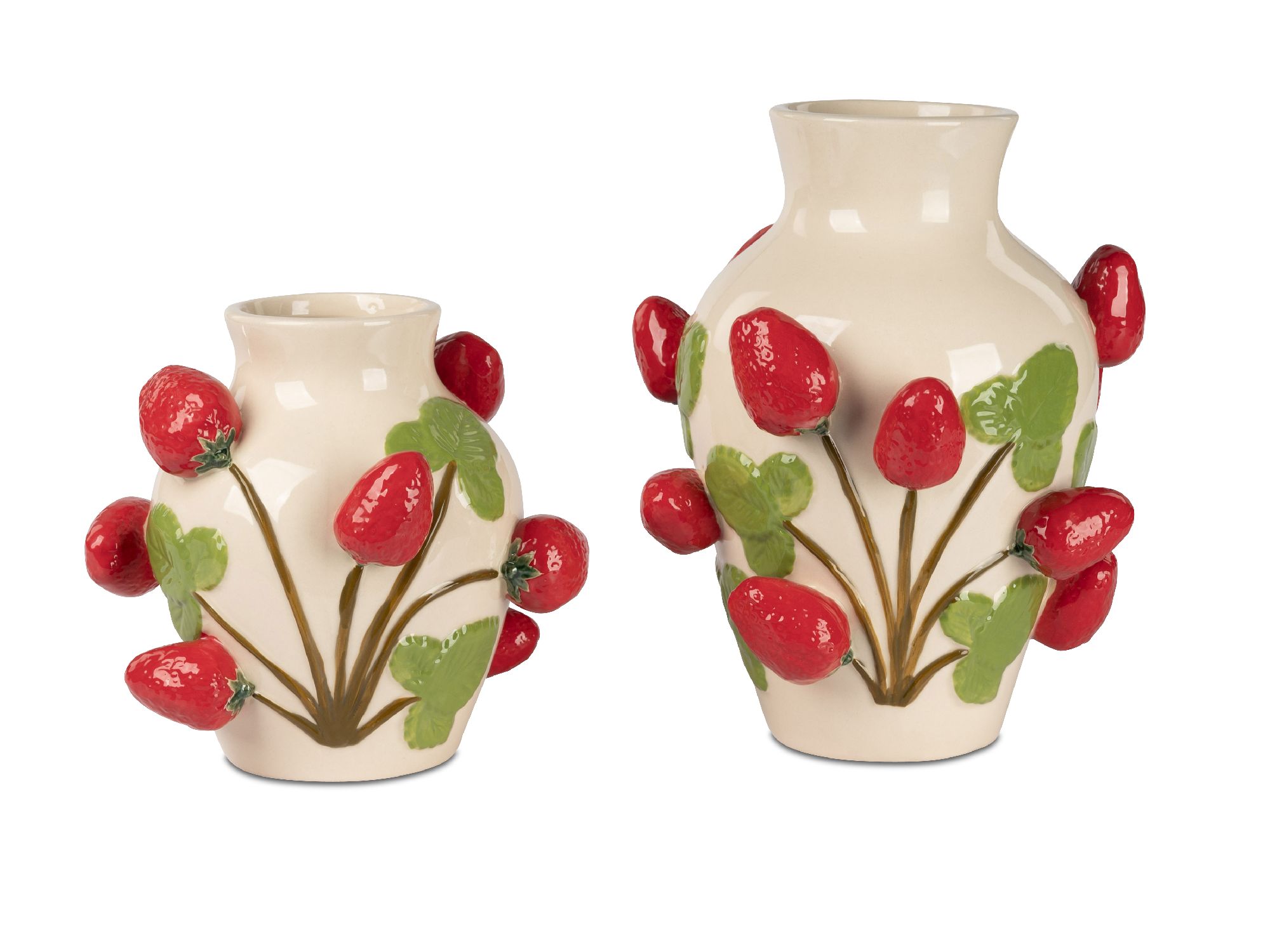 Zwei Vasen aus Keramik, eine klein und eine groß, verziert mit roten Erdbeeren und grünen Blättern.