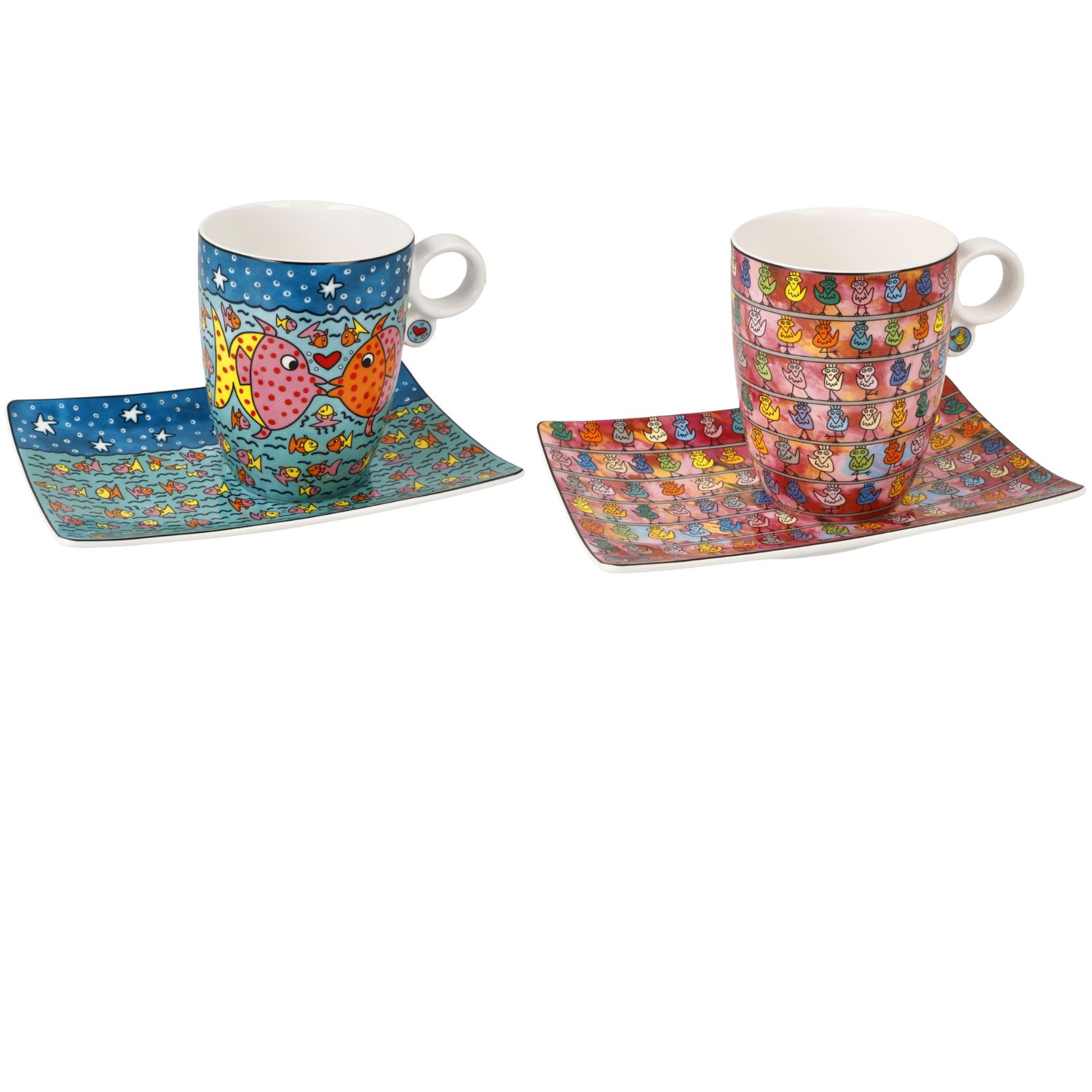 2er Set James Rizzi Tassen mit UT Family of Fish + We are the Birds Goebel
