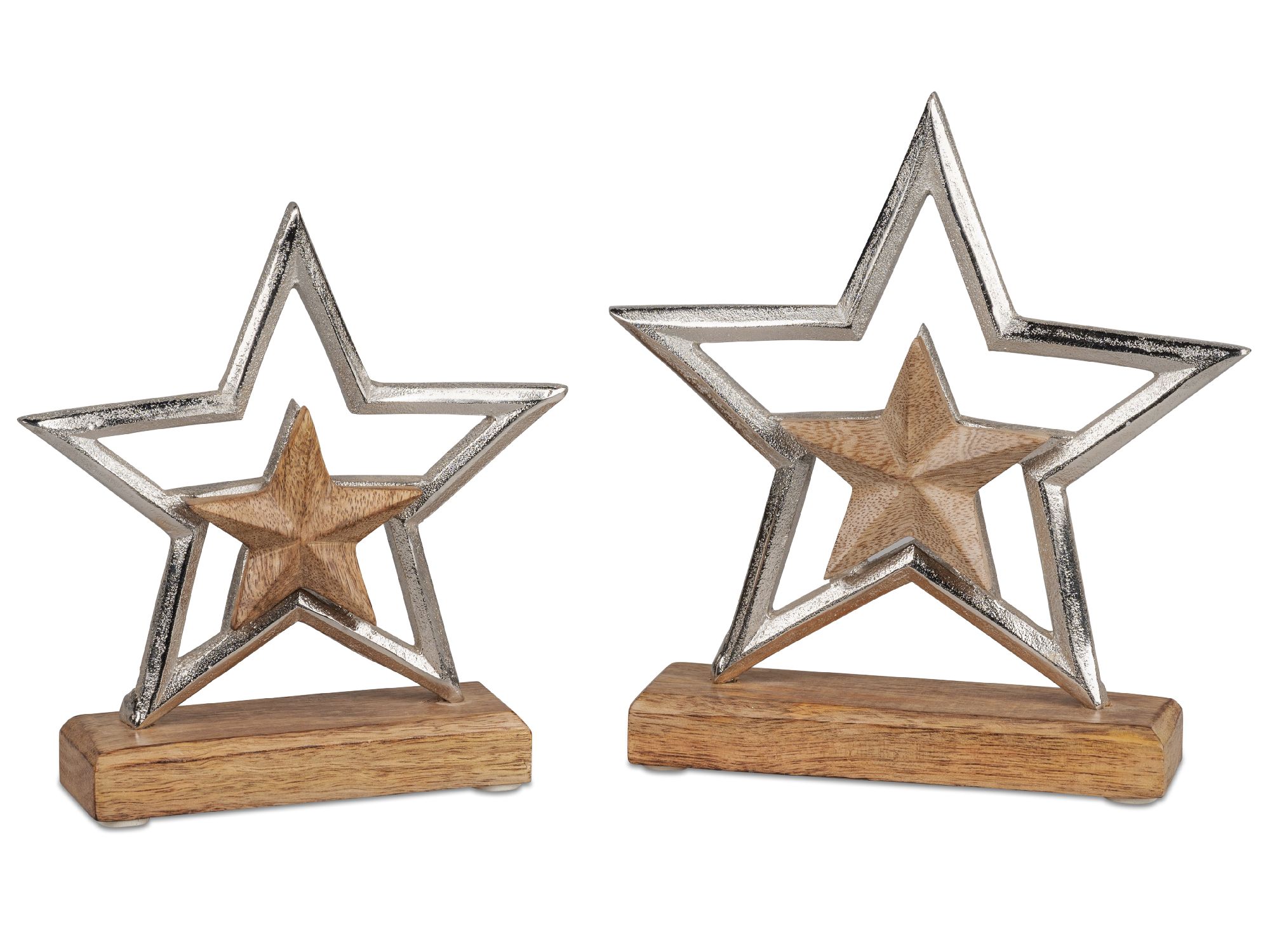 Zwei dekorative Sterne aus Holz und Metall, einer größer als der andere, auf rechteckigen Holzsockel