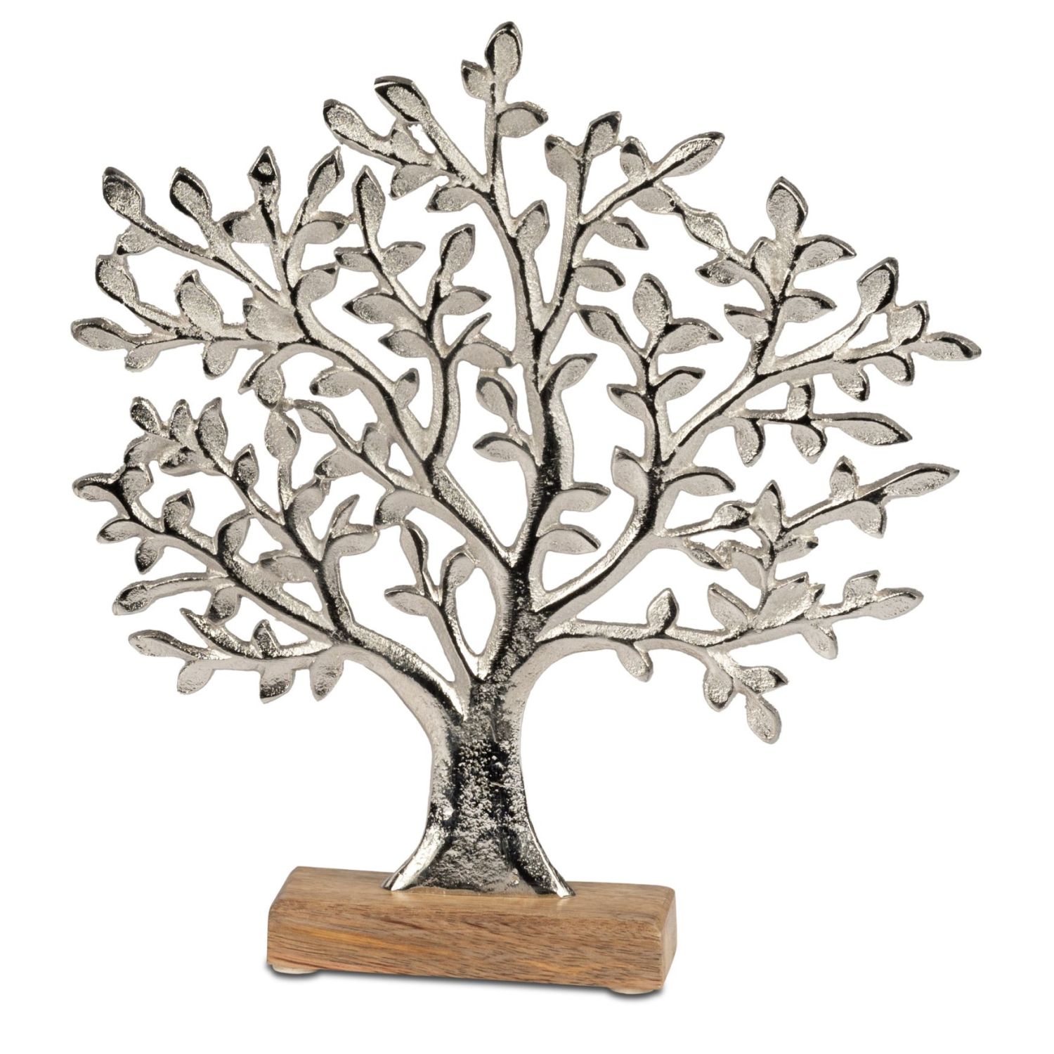 Metallbaum mit vielen Zweigen auf rechteckigem Holzsockel vor weißem Hintergrund