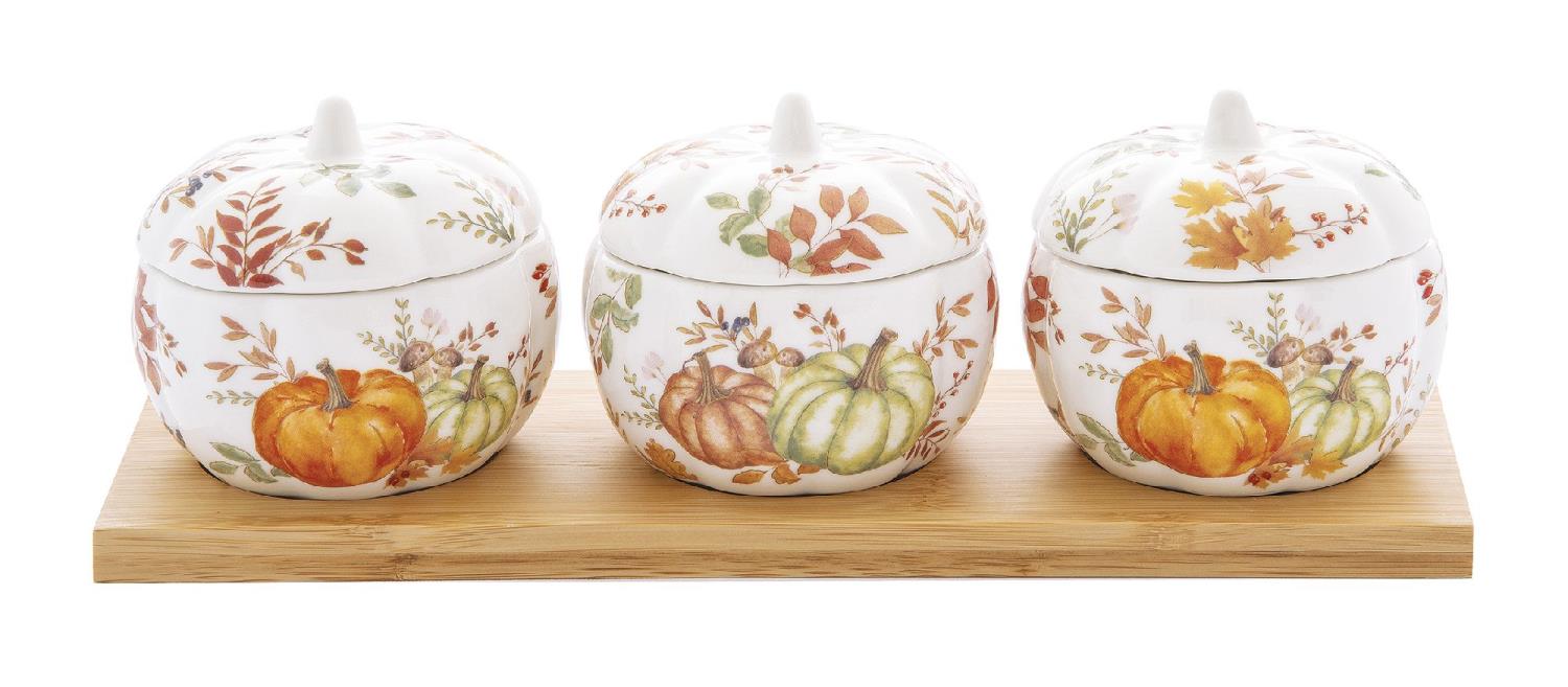 3er Set Dipschalen, Dosen HARVEST mit Deckel in Kürbisform auf Tablett Easy Life