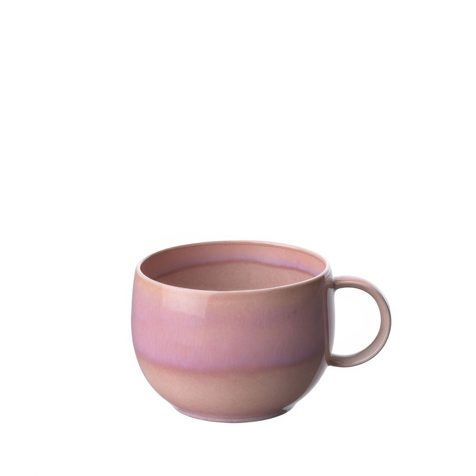 Eine runde, rosa Tasse mit einem kleinen Henkel, auf weißem Hintergrund. Die Tasse hat eine glatte Oberfläche und einen breiten Rand.